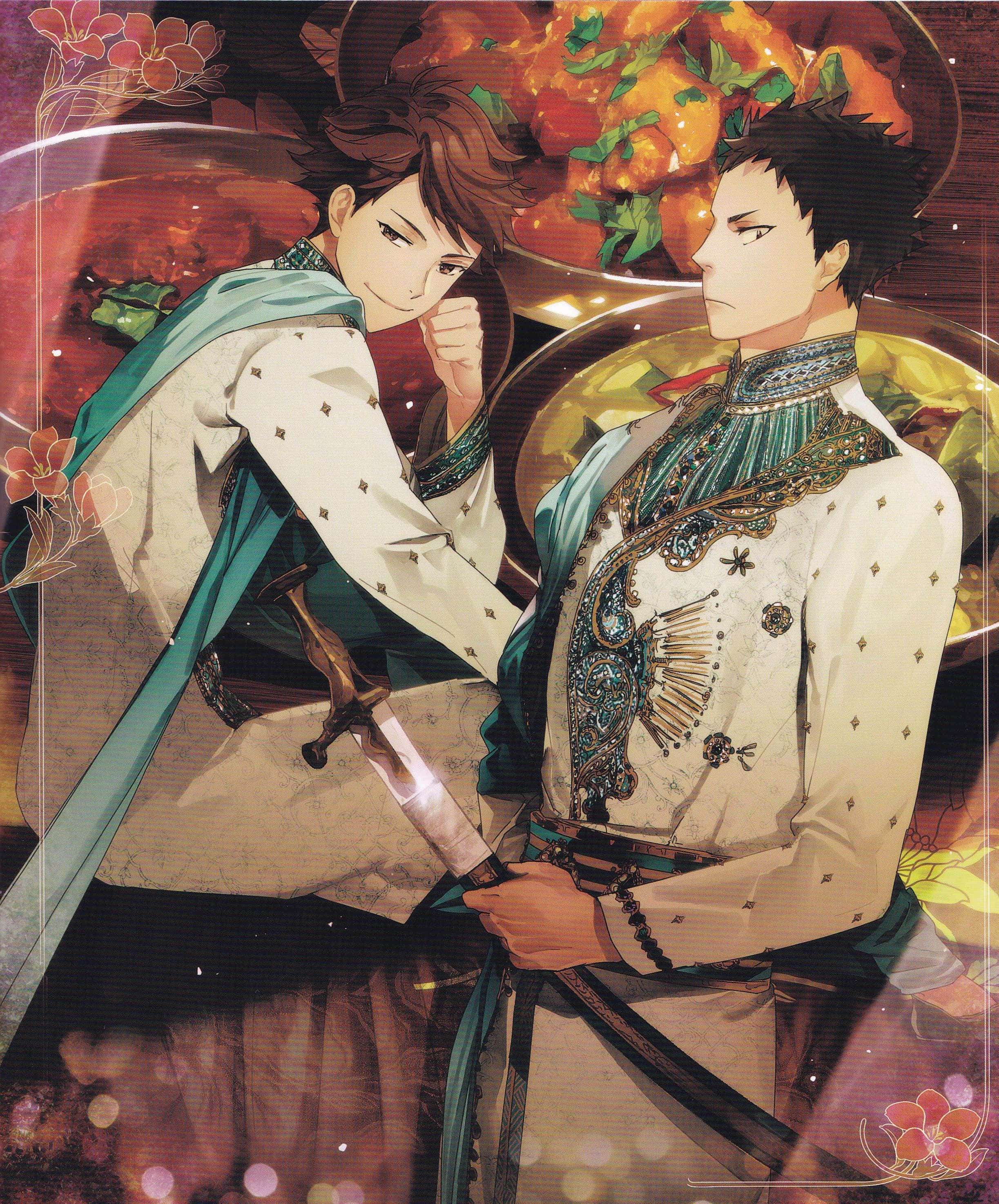 iwaizumi hajime 桌布 壁紙 — 兩位衣著優雅的動畫男性，身穿華麗的白色和青綠色服裝，站在一大碗鮮橙色燉菜旁，上面有綠色裝飾。