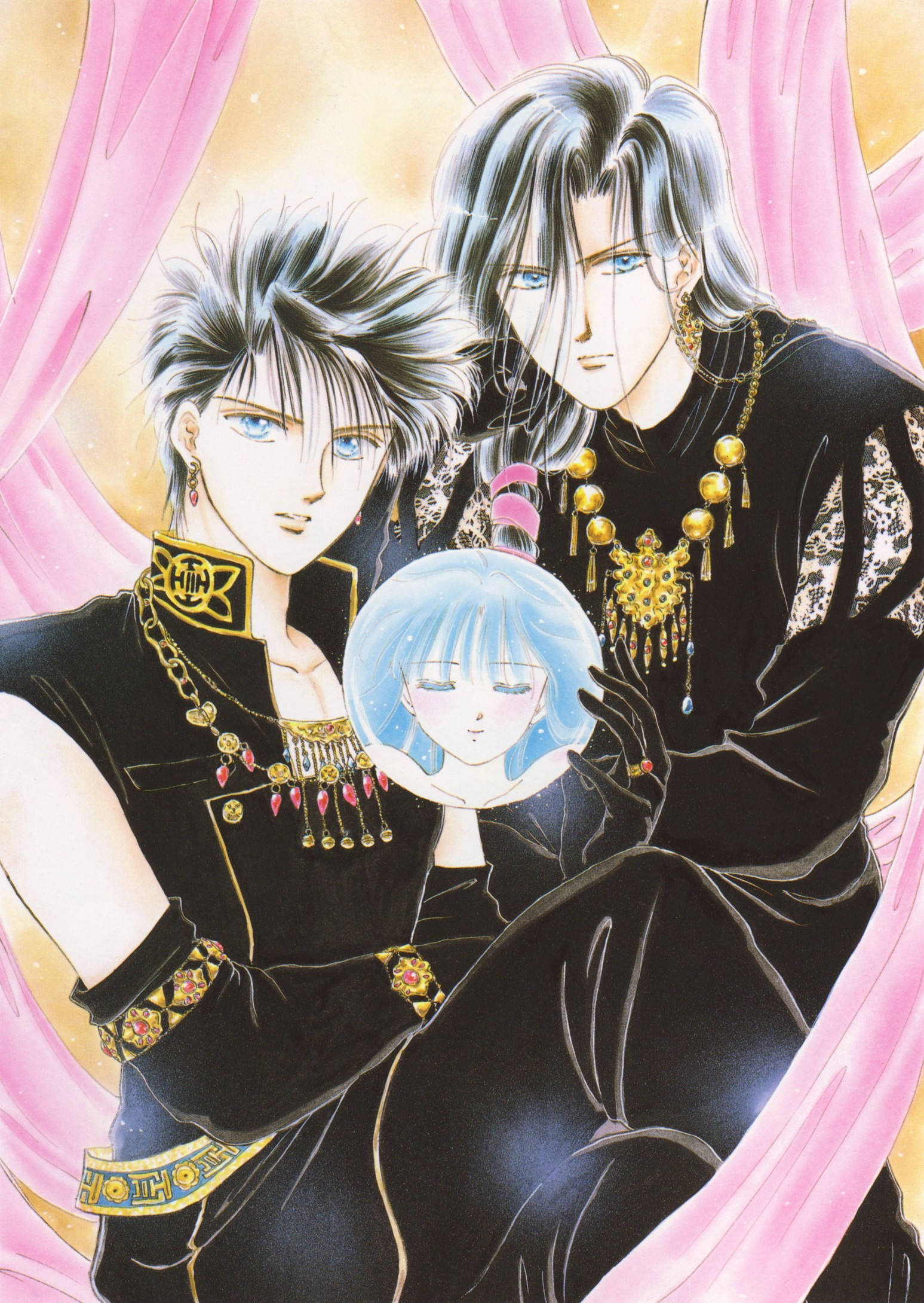 Fushigi Yuugi 桌布 壁紙 — 兩位衣著優雅的動畫男性，銀髮並佩戴金色珠寶，在粉紅色窗簾背景下手持發光的藍色球體。