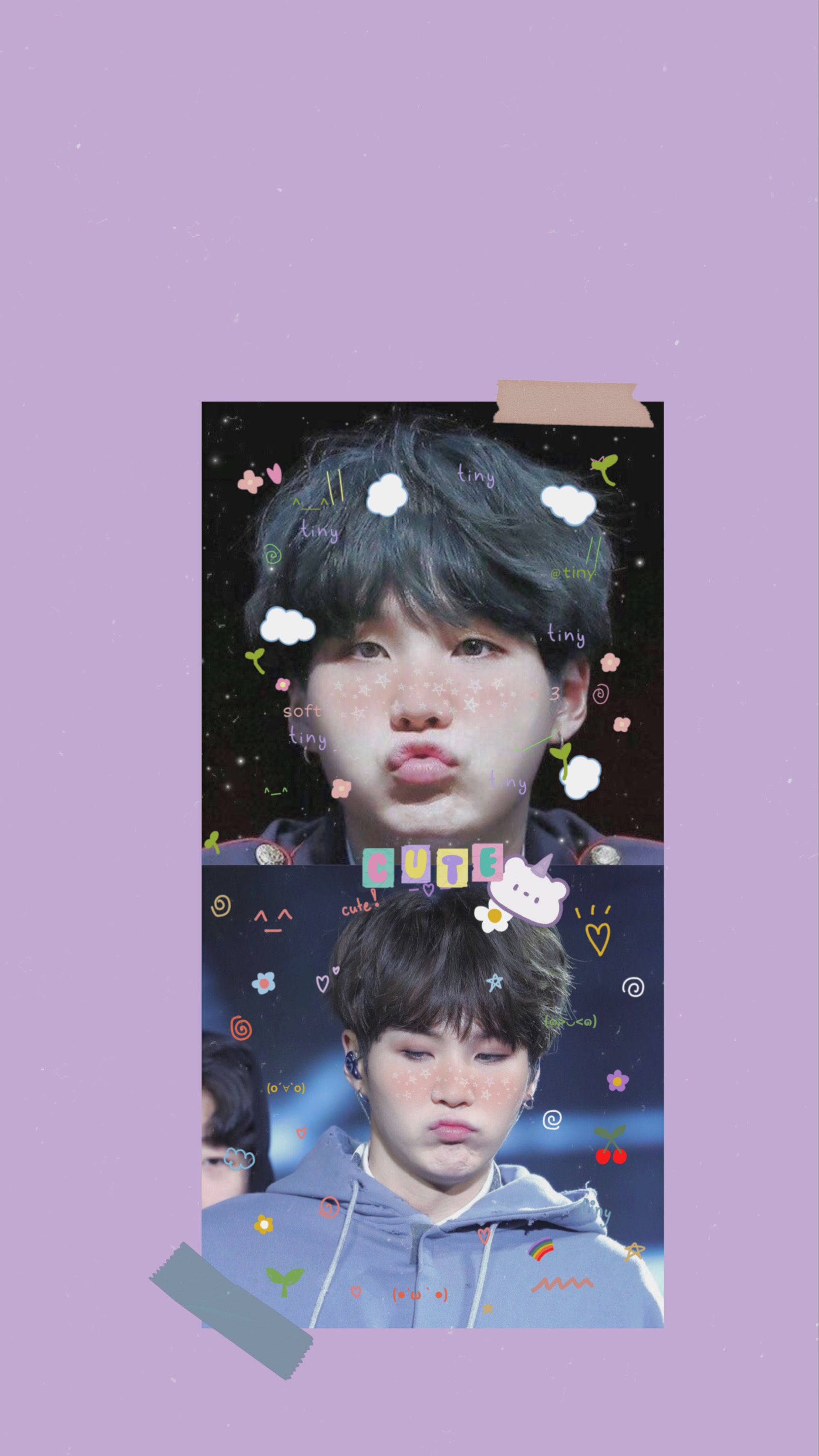 BTS 鎖定螢幕 桌布 壁紙 — 兩位表情頑皮的年輕男子，在柔和的紫色背景上，被奇特的貼紙和膠帶框住。