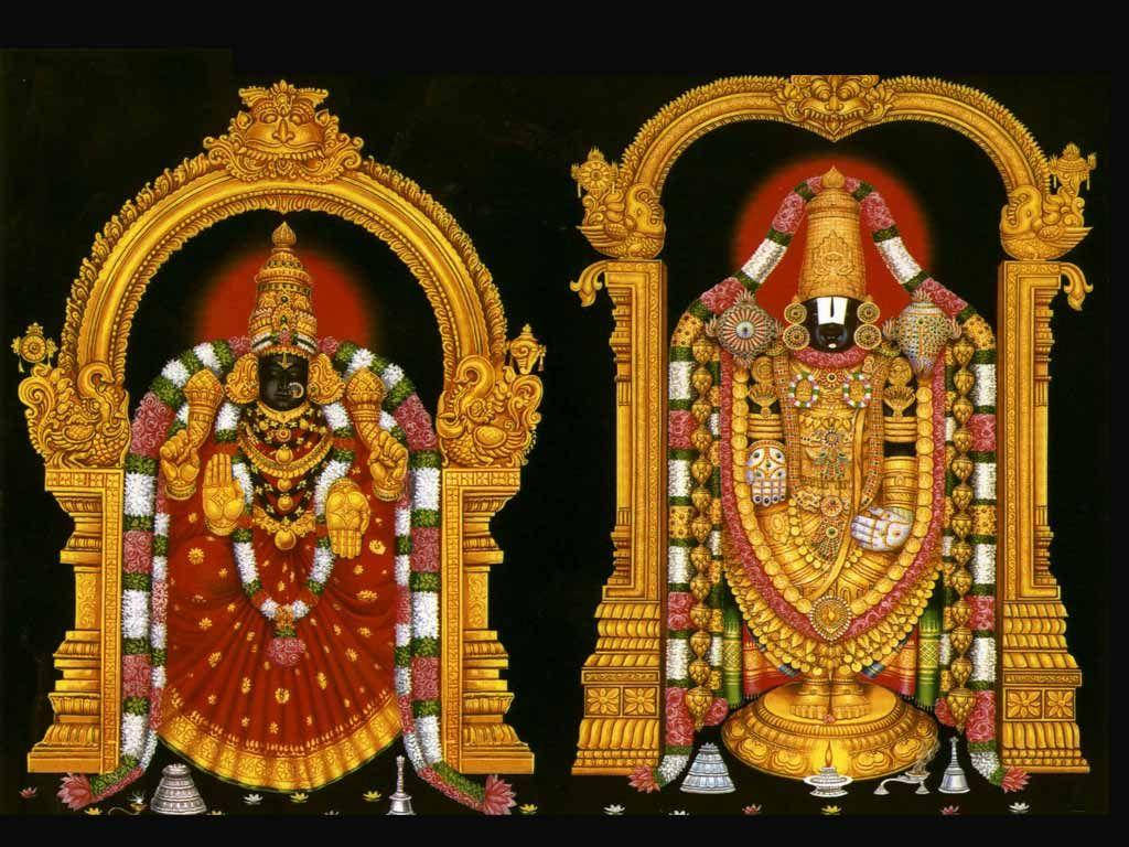 Venkateswara 桌布 壁紙 — 兩位裝飾華麗的印度教神祇，佩戴金飾和花環，站在雕刻精緻的金色拱門內，背景為深色。