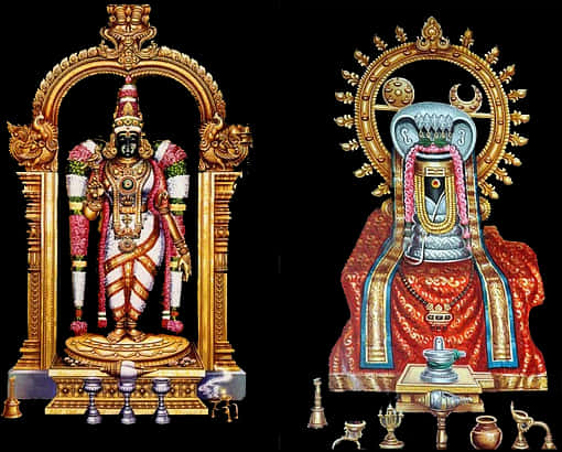 Hindu God 桌布 壁紙 — 兩位裝飾華麗的印度教神祇，身著鮮豔的傳統服飾，帶有金色光環和儀式物品，背景為黑色。