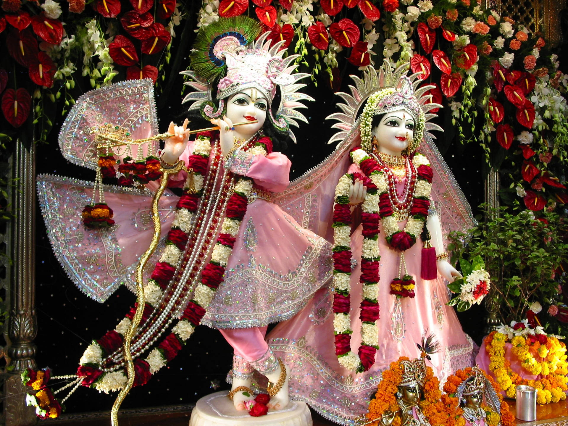 radha krishna HD 桌布 壁紙 — 兩位裝飾華麗的印度教神祇克里希納和拉妲優雅地站在紅白花朵的奢華花藝佈置中。