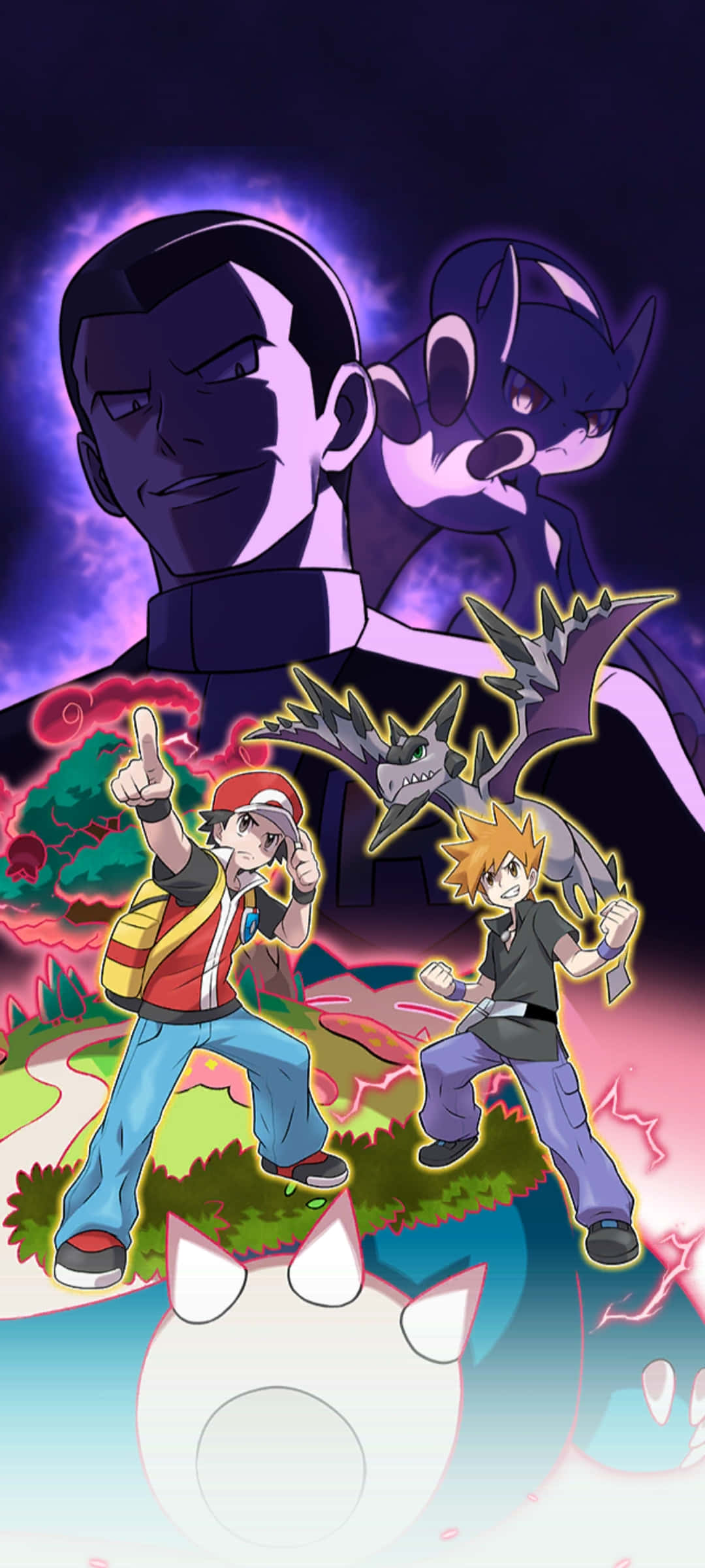 Pokemon Masters 桌布 壁紙 — 兩位訓練家在紫色暴風雨天空下，用電屬性寶可夢對抗一個黑暗陰影人物。