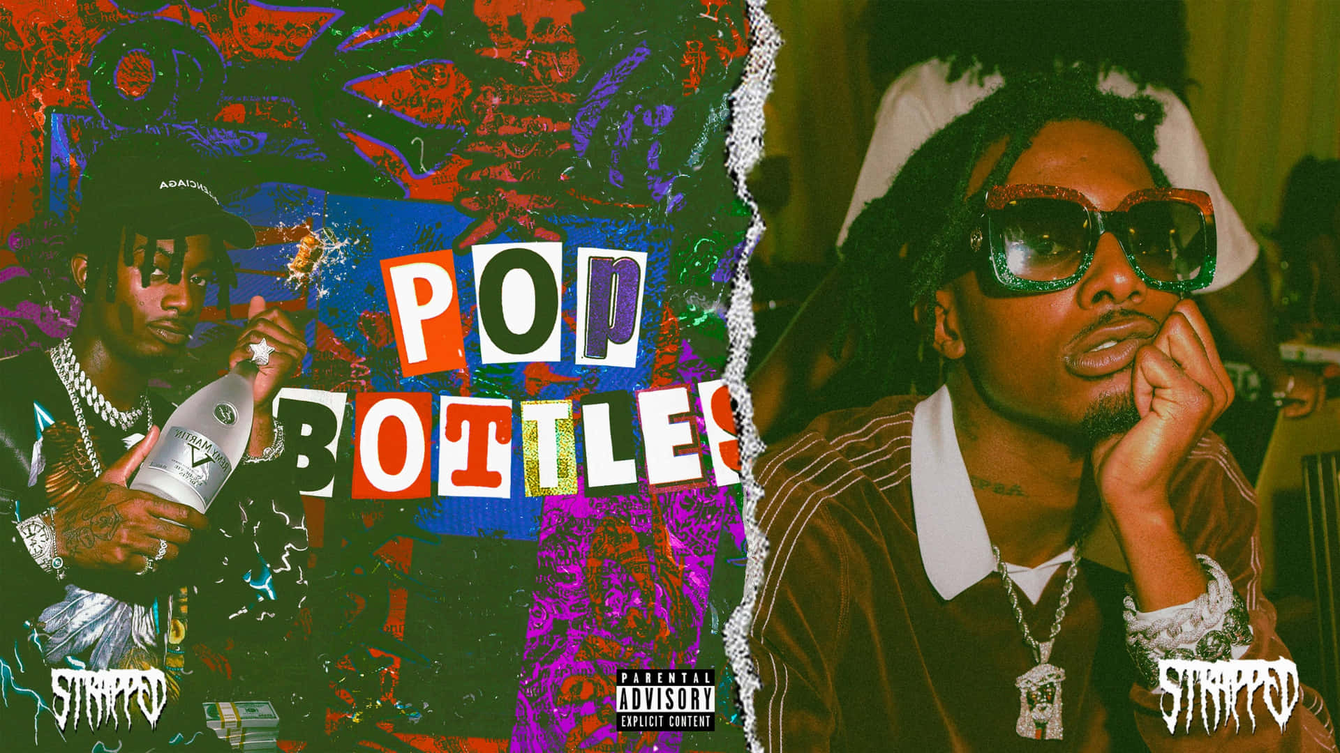Playboi Carti HD 桌布 壁紙 — 兩位說唱歌手在充滿活力的塗鴉風格分割背景前擺姿勢，帶有粗體「POP BOTTLES」文字和家長指引標籤。