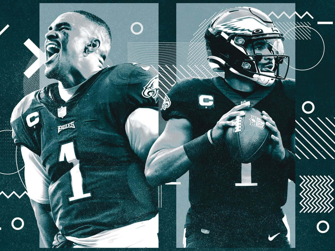 Eagles Football 桌布 壁紙 — 兩位費城老鷹隊美式足球運動員正在行動中，一位瘋狂慶祝，另一位拿著一個帶有青綠色和白色幾何圖案的美式足球。