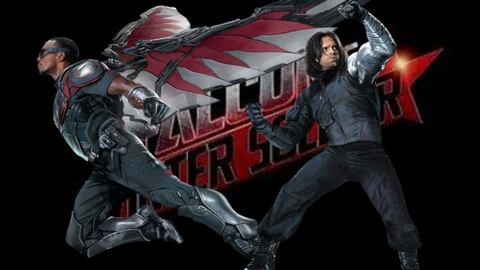 the falcon and the winter soldier 桌布 壁紙 — 兩位超級英雄以動態戰鬥姿勢，帶有翅膀和武器，背景為深色並帶有紅色發光文字。