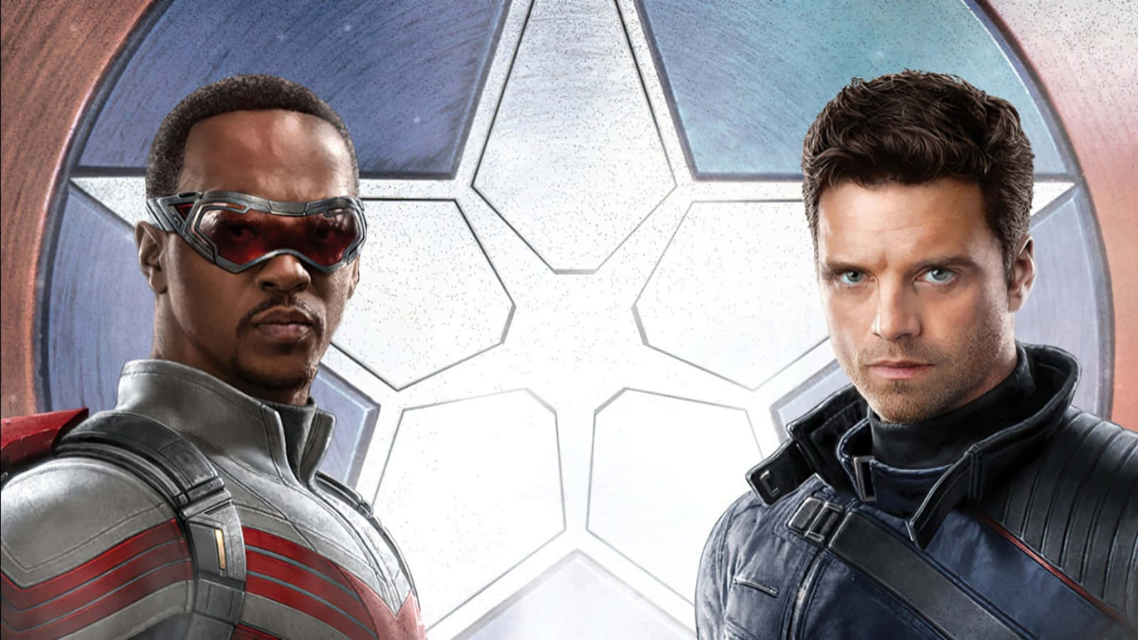 the falcon and the winter soldier 桌布 壁紙 — 兩位超級英雄嚴肅地站在發光的星星標誌前，一位身穿紅銀色盔甲並戴護目鏡，另一位身穿深色戰術裝備。