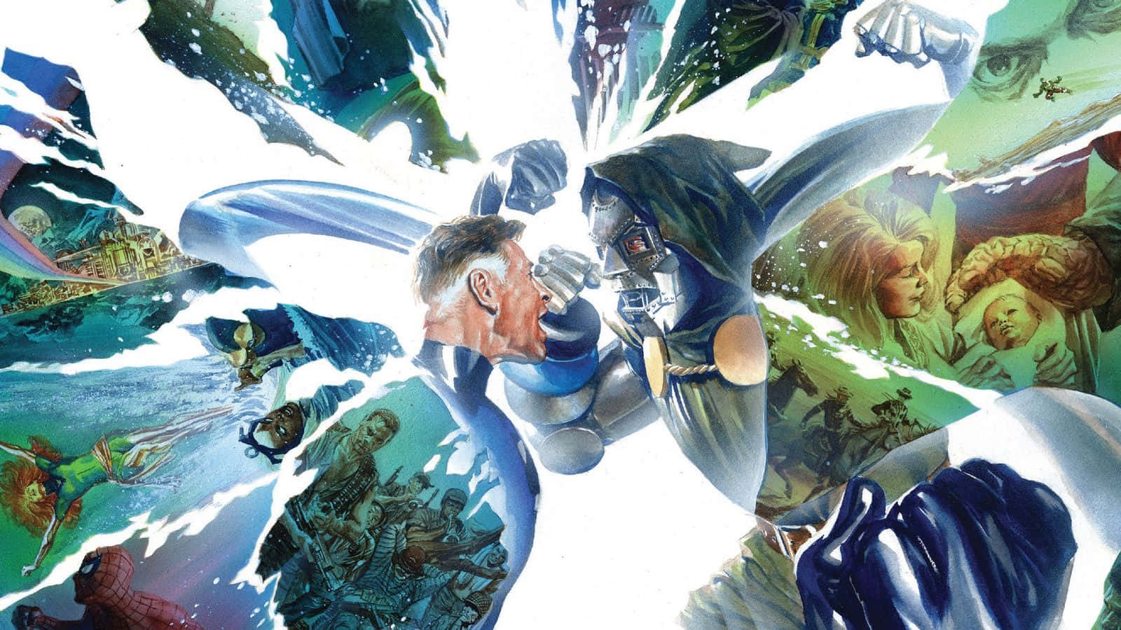 Secret Wars 桌布 壁紙 — 兩位超級英雄在一個動態漫畫面板中碰撞，周圍是其他英雄和反派的分裂場景。