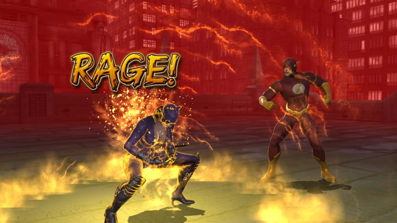 Mortal Kombat Vs Dc Universe 桌布 壁紙 — 兩位超級英雄在一個火熱的城市競技場中碰撞，帶有發光的能量效果和一個大膽的憤怒文字疊加。