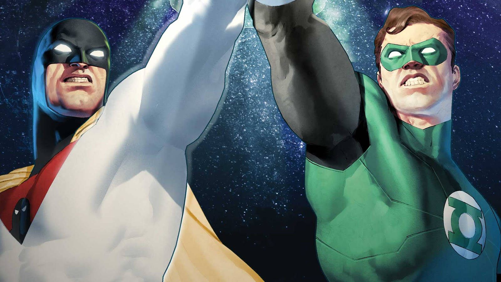 Space Ghost 桌布 壁紙 — 兩位超級英雄在星光燦爛的宇宙背景下擺出動態戰鬥姿勢，表情強烈。