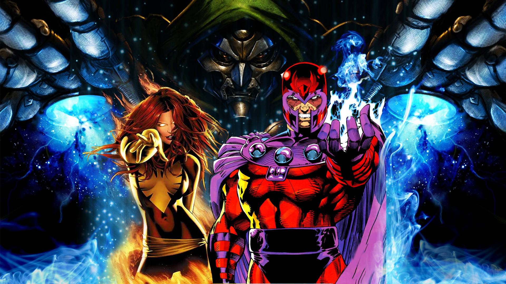 Magneto 桌布 壁紙 — 兩位超級英雄在黑暗星空虛空中對抗一個具威脅性的裝甲反派，釋放出宇宙能量。