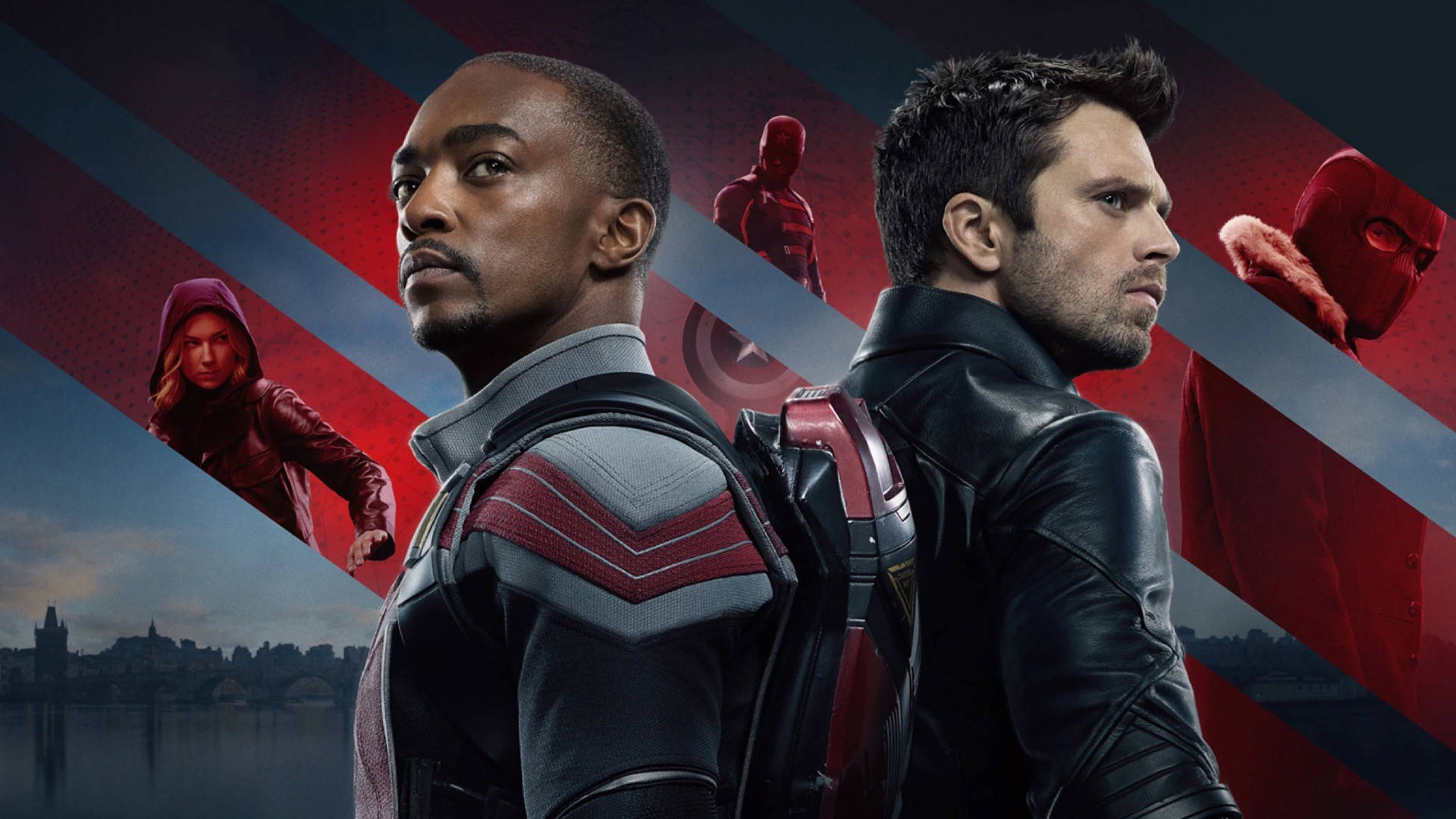 Bucky Barnes 桌布 壁紙 — 兩位超級英雄背對背站立，身穿戰術裝備，背景為紅灰對角線，下方有其他英雄和城市天際線。