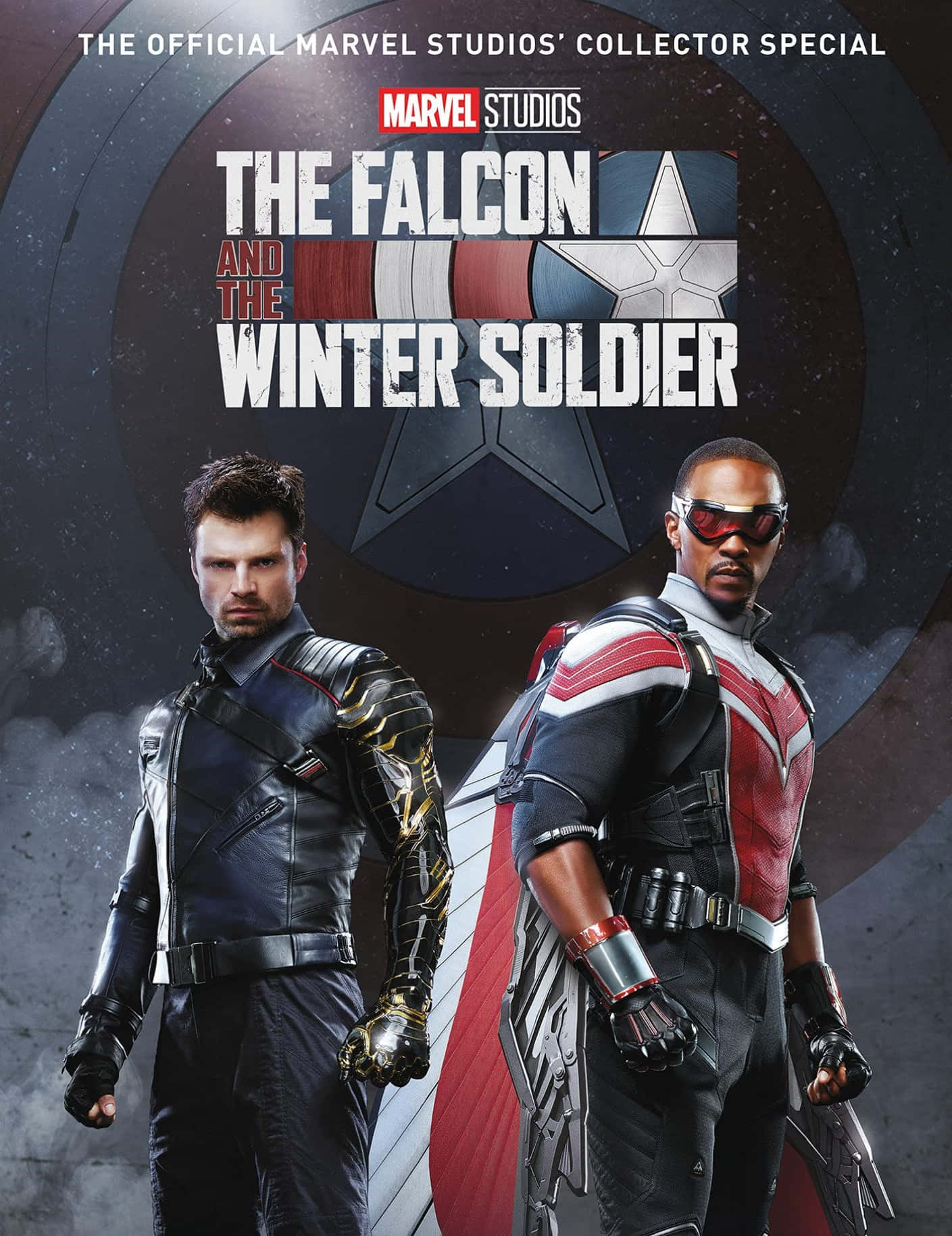 the falcon and the winter soldier 桌布 壁紙 — 兩位超級英雄自信地站在一個大型盾牌標誌前，呈現出粗獷的電影海報風格。