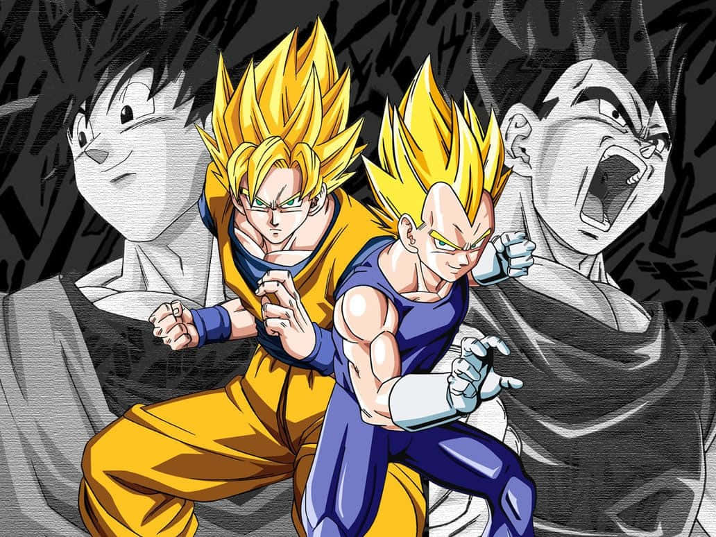 Vegeta And Goku 桌布 壁紙 — 兩位超級賽亞人戰士以動態戰鬥姿態，帶著強烈表情，在單色背景前。