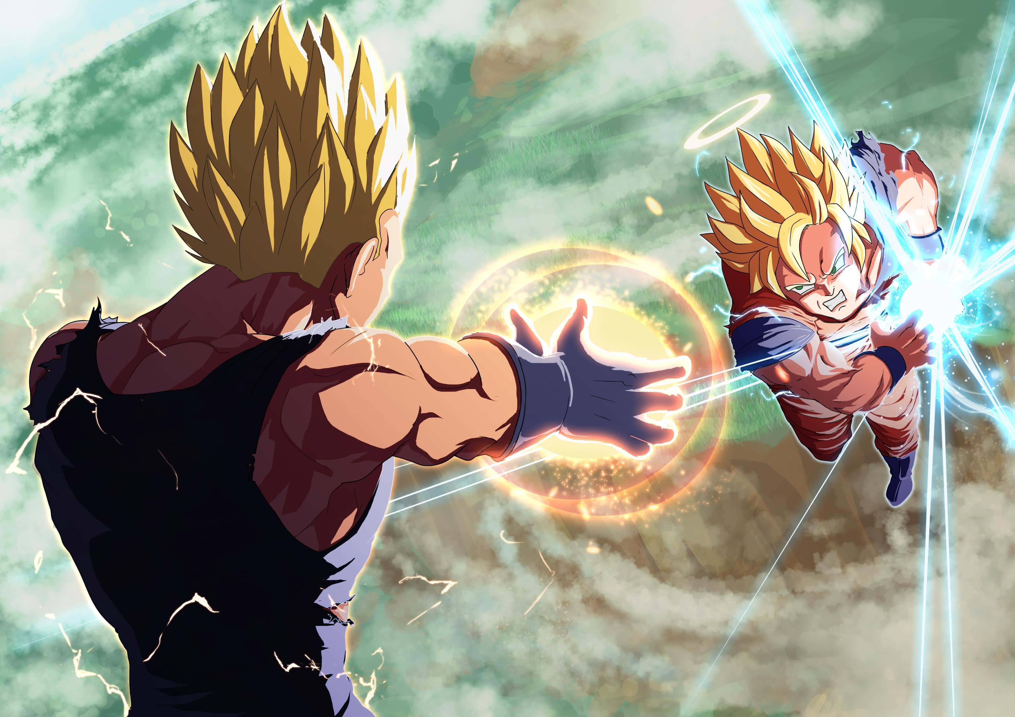 Dragon Ball Legends 桌布 壁紙 — 兩位超級賽亞人戰士在半空中碰撞，發出發光的能量爆炸，背景是暴風雨的天空。