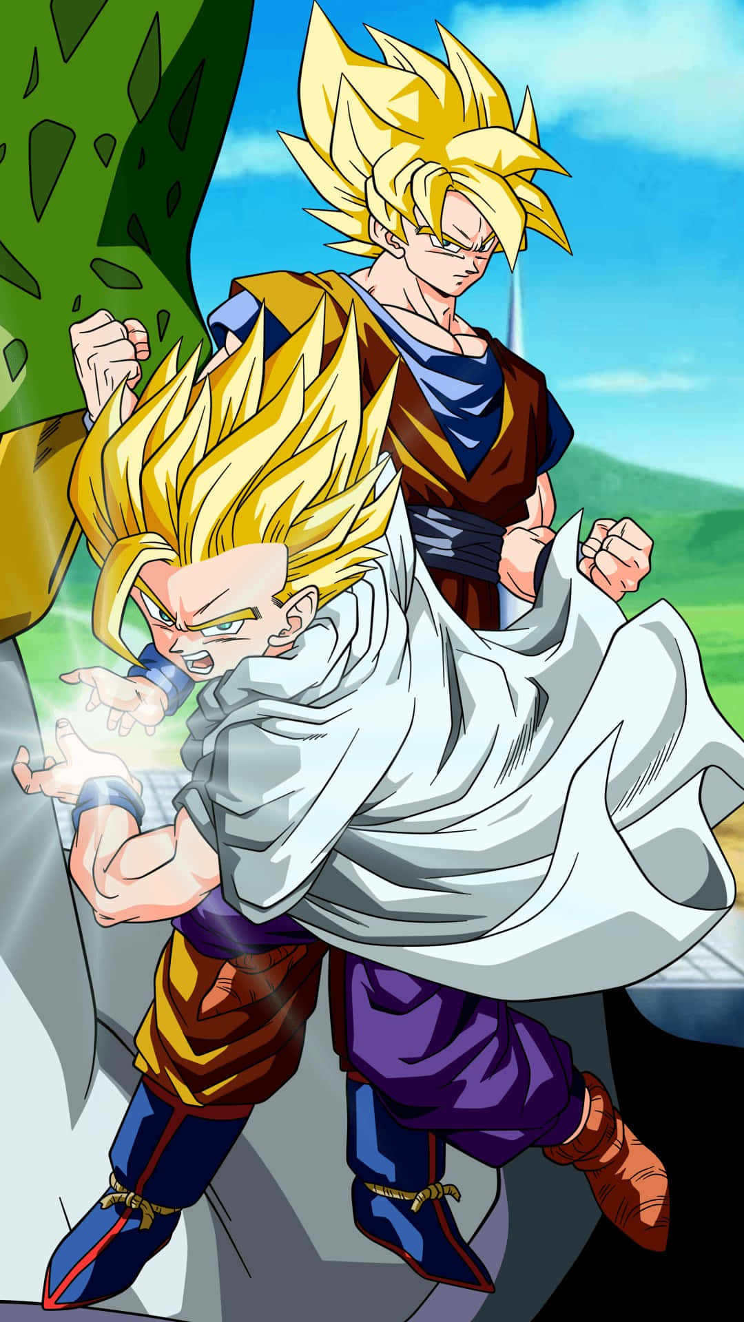 Dragon Ball iPhone 桌布 壁紙 — 兩位超級賽亞人戰士在半空中碰撞，發出閃爍的能量拳，背景是明亮的藍天和綠色的山丘。
