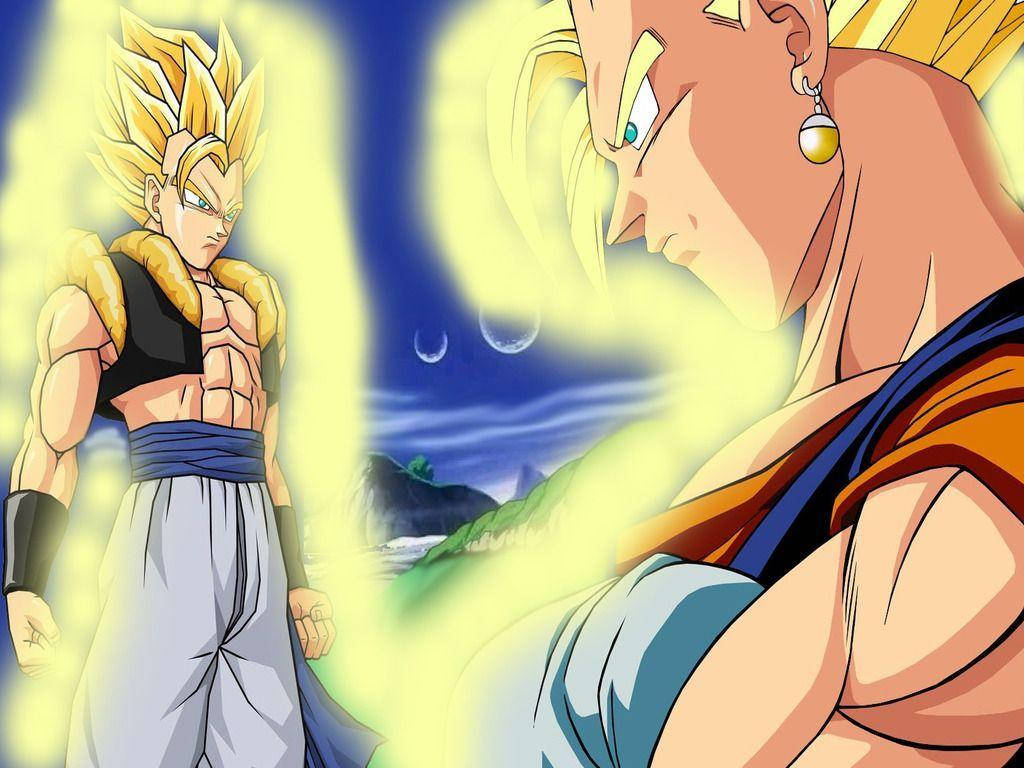 Vegito 桌布 壁紙 — 兩位超級賽亞人戰士在帶有新月的暮色天空下，散發出強烈的黃色能量光芒。