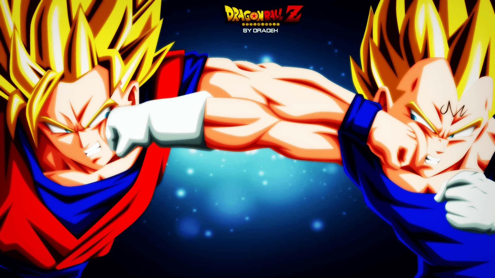 Majin Vegeta 桌布 壁紙 — 兩位超級賽亞人戰士在星光燦爛的宇宙背景下展開一場動態的動漫戰鬥。