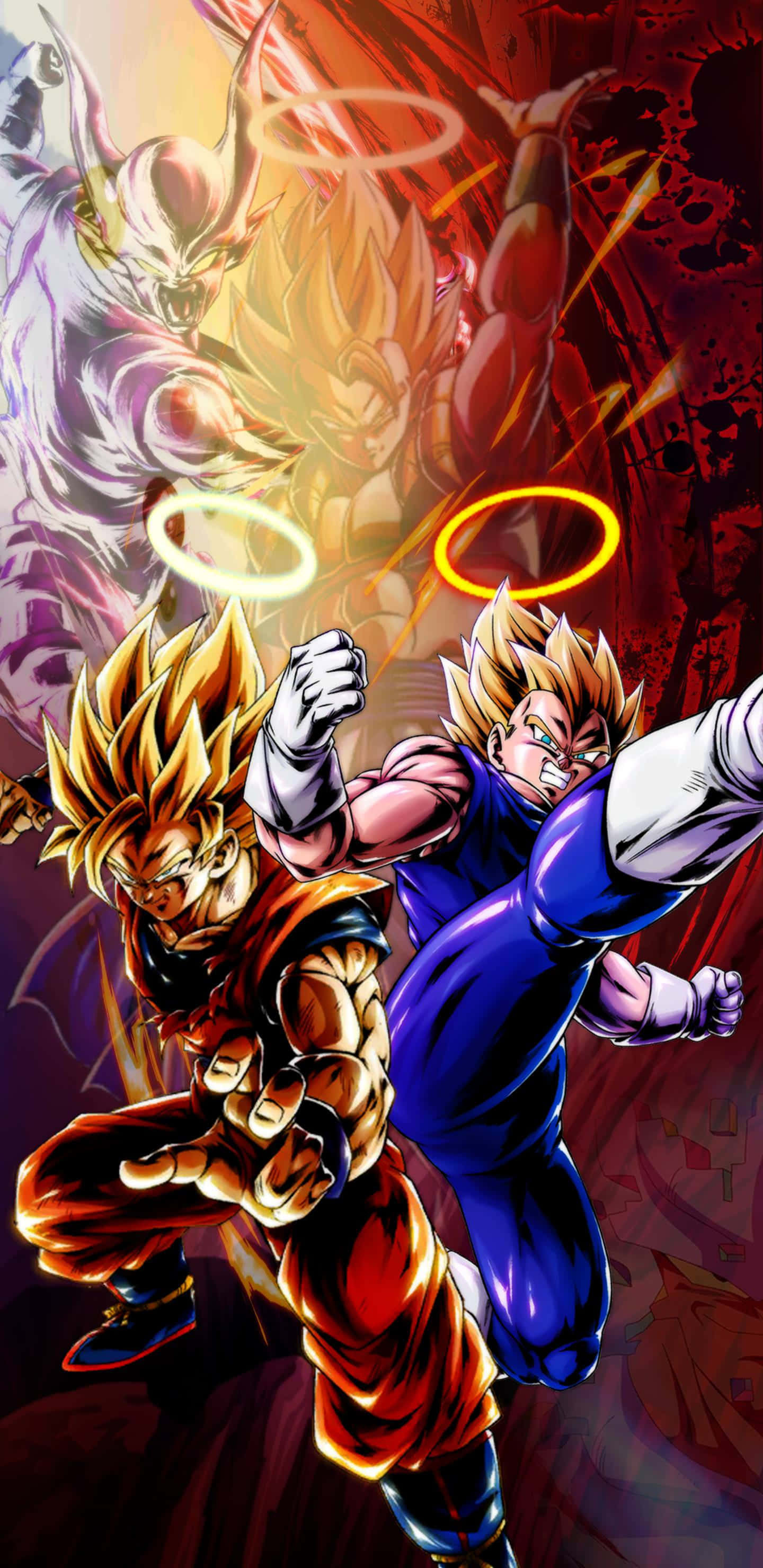 Gogeta And Vegito 桌布 壁紙 — 兩位超級賽亞人戰士在深紅色背景下，帶著發光的能量環和激烈的表情進行激烈的戰鬥。