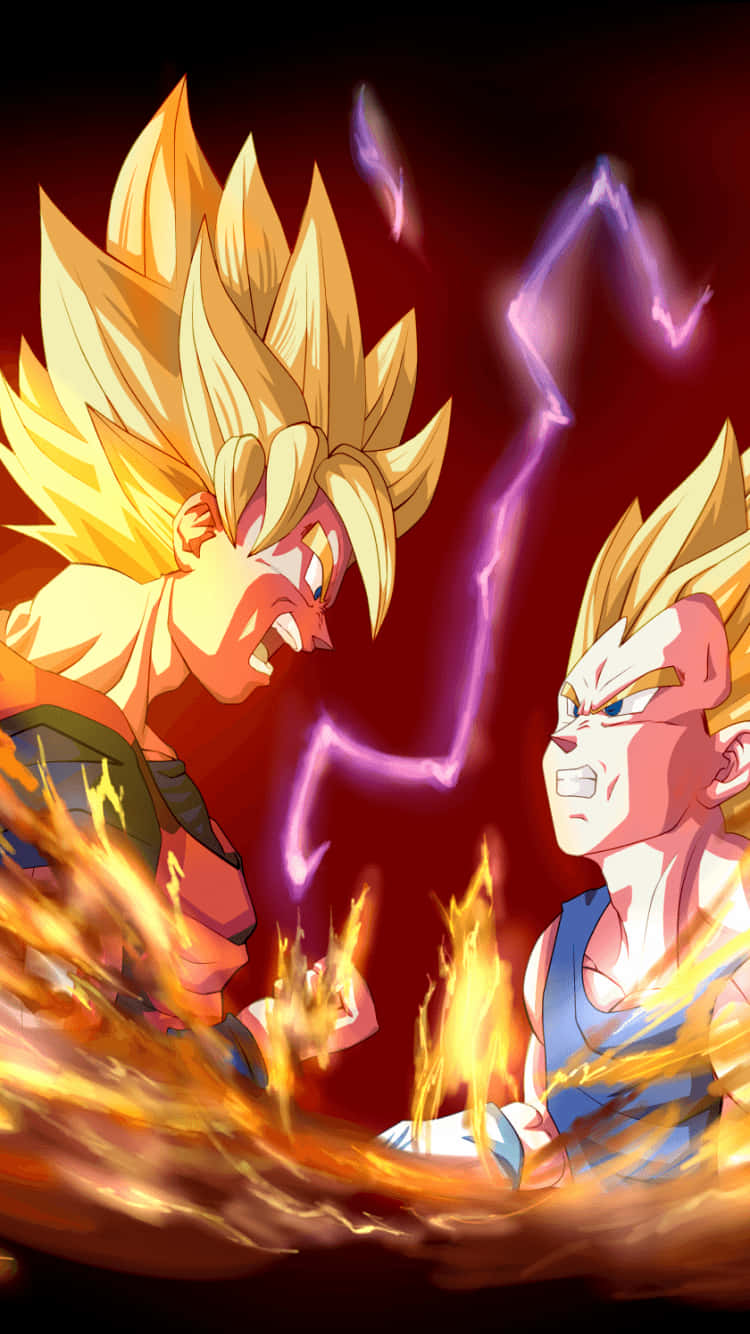 Dragon Ball Z Phone 桌布 壁紙 — 兩位超級賽亞人戰士在深紅色背景前對峙，他們之間有劈啪作響的紫色能量，展開一場激烈的戰鬥。