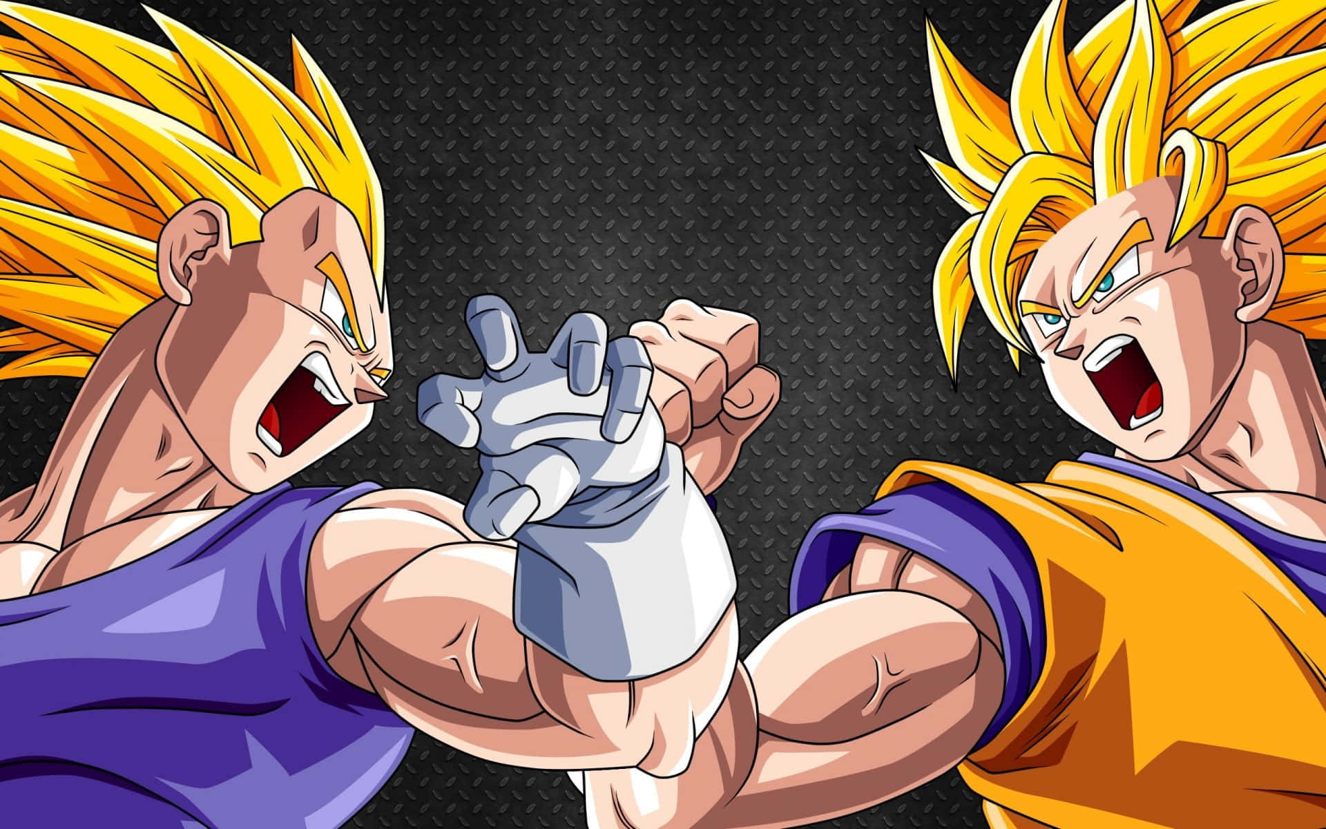 Dragon Ball Z Kai 桌布 壁紙 — 兩位超級賽亞人戰士在深色紋理背景上進行激烈的動畫戰鬥，拳頭相撞。