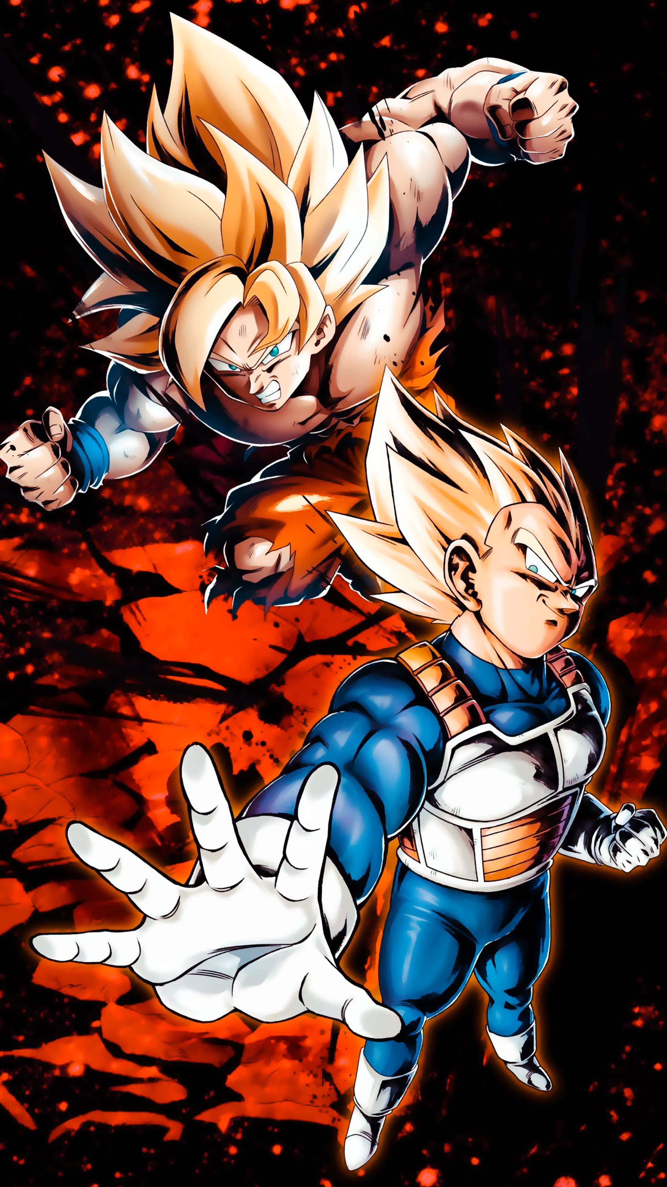 龍珠Z 桌布 壁紙 — 兩位超級賽亞人戰士在熾熱的紅黑宇宙背景和發光能量效果中動態飛翔。
