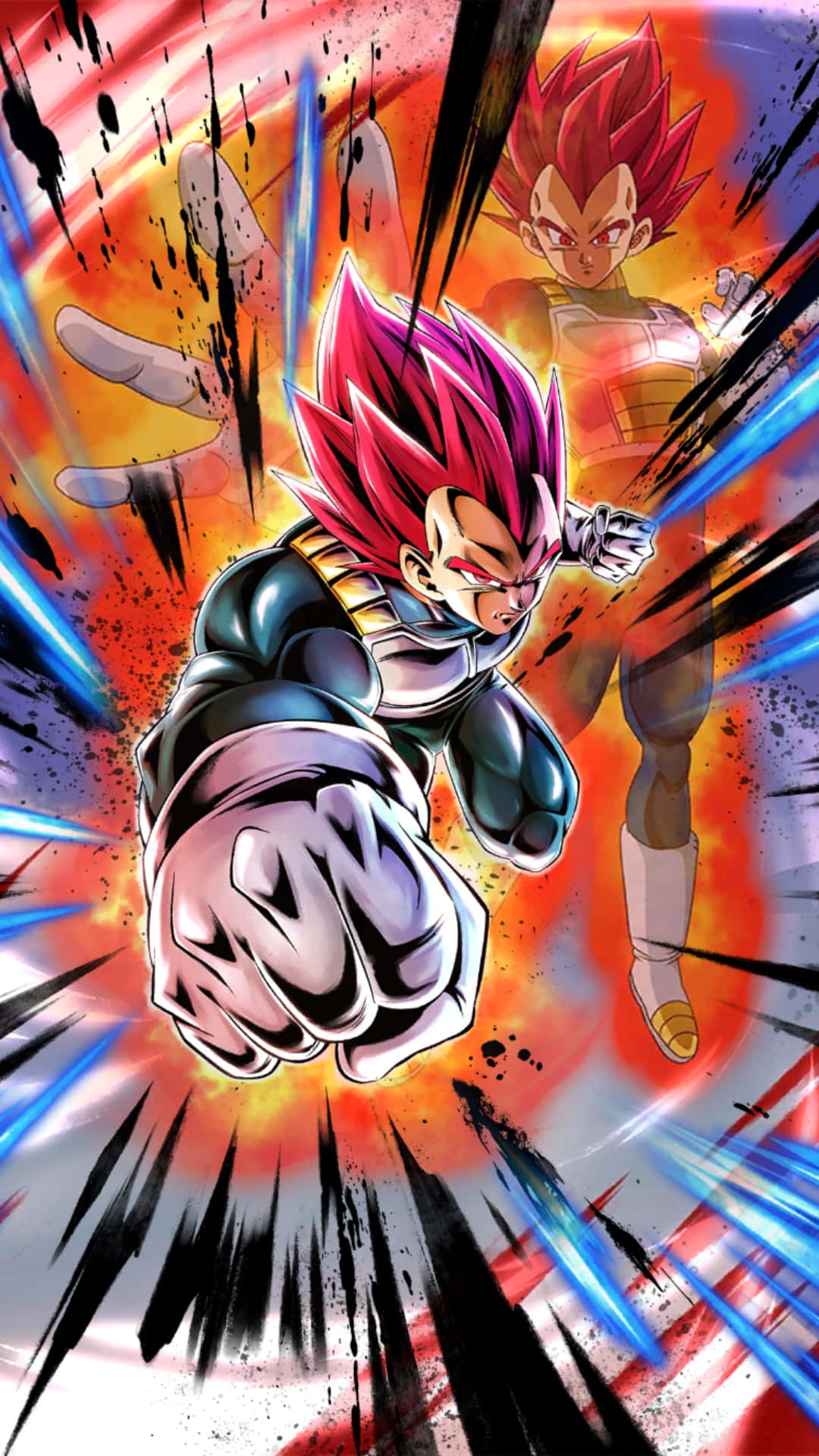 Vegeta Super Saiyan God 桌布 壁紙 — 兩位超級賽亞人神形態的賽亞人戰士，在熾熱的宇宙背景下釋放出爆炸性能量衝擊波。