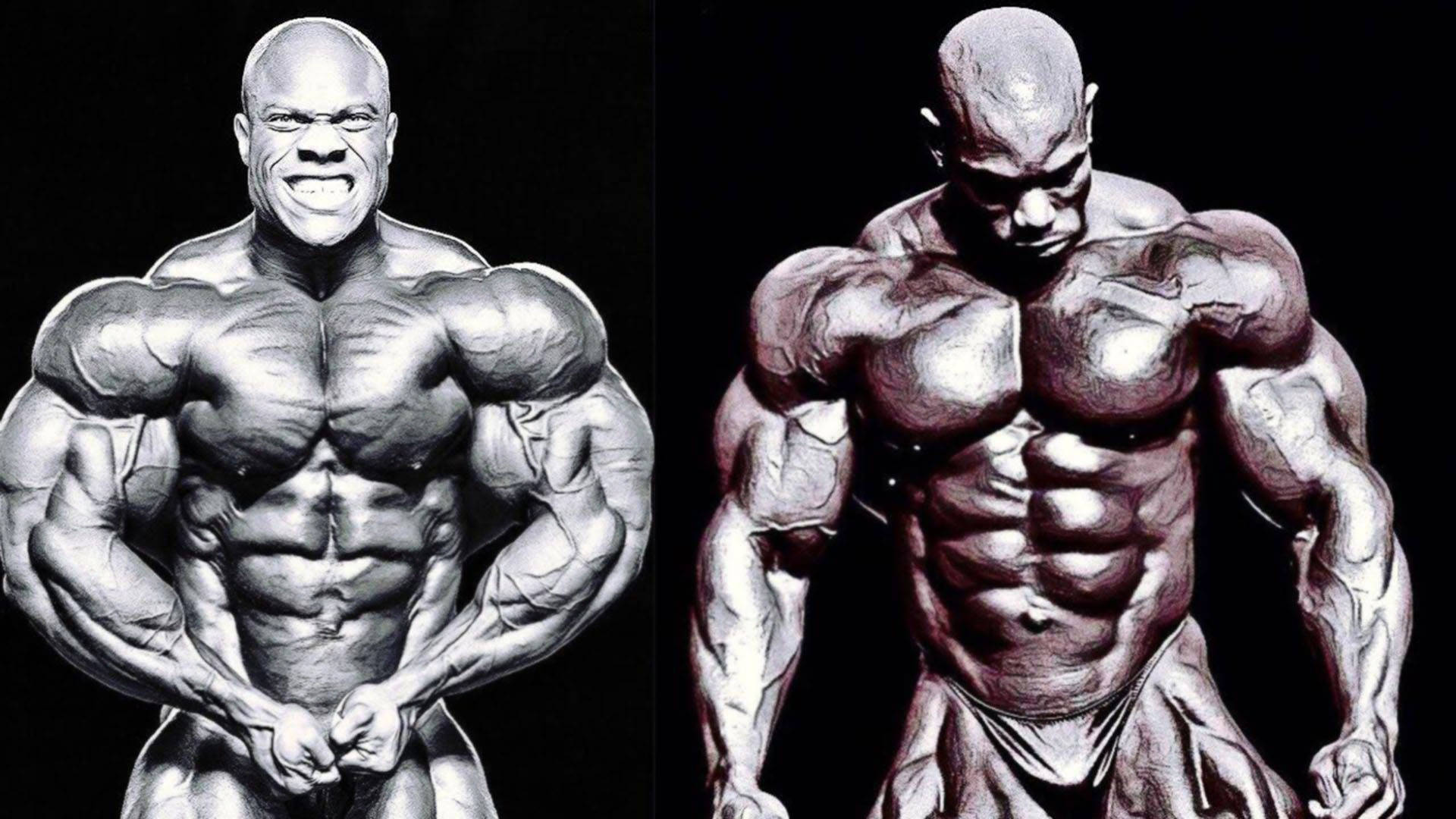 flex wheeler 桌布 壁紙 — 兩位超肌肉發達的健美運動員在黑色背景前擺姿勢，一位露出燦爛笑容，另一位則專注地皺著眉頭，展現極致的肌肉線條。