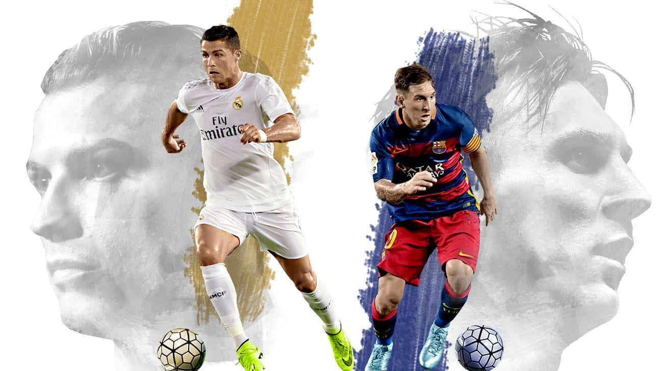 Messi And Ronaldo 4K 桌布 壁紙 — 兩位足球傳奇人物擺出動作姿勢，搭配風格化的單色臉部背景和鮮豔的球隊球衣。