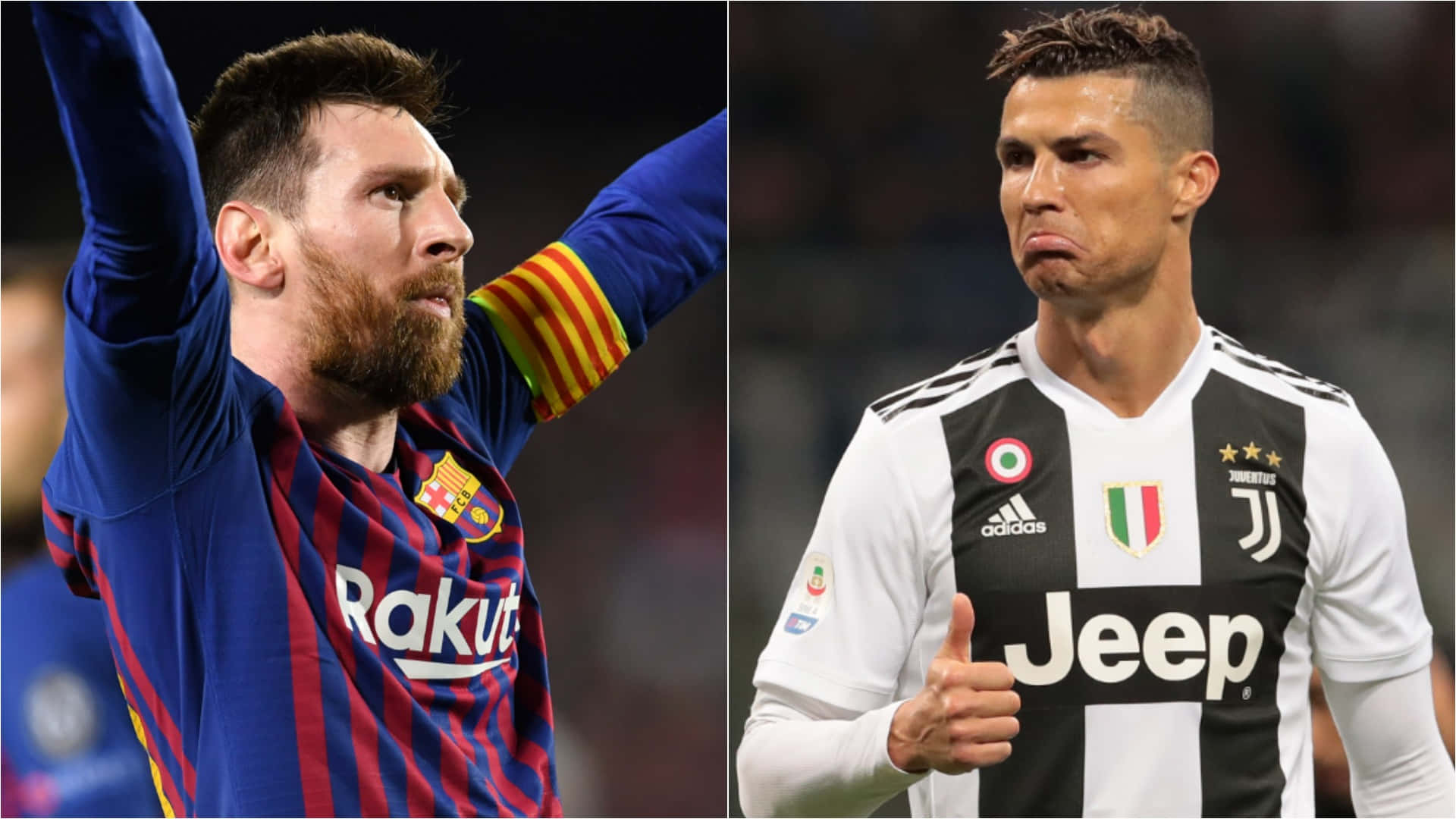 Messi And Ronaldo 4K 桌布 壁紙 — 兩位足球傳奇人物梅西身穿藍紅條紋球衣舉起手臂慶祝，C羅納度身穿黑白條紋球衣豎起大拇指。