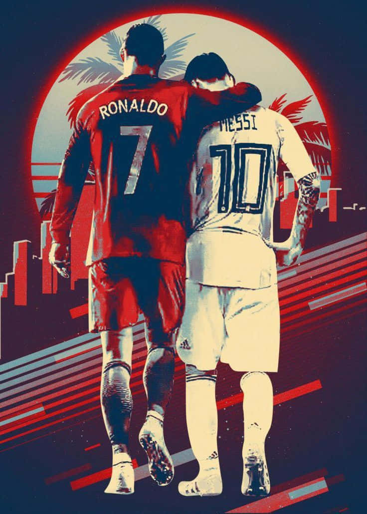 Messi And Ronaldo 4K 桌布 壁紙 — 兩位足球傳奇人物羅納度與梅西並肩而行，身穿復古風格球衣，背景是風格化的日落、棕櫚樹和城市景觀。