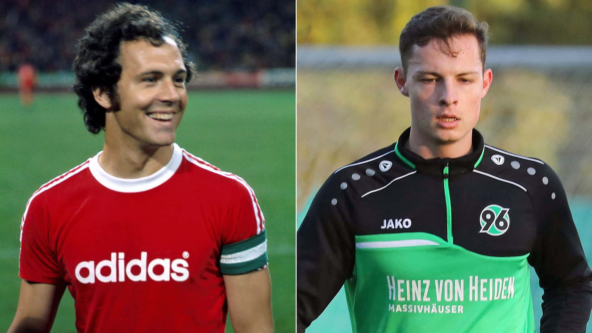 Football Players 桌布 壁紙 — 兩位足球員的分割圖像，一位穿著復古紅色球衣微笑，另一位穿著現代黑色和綠色球衣表情嚴肅。