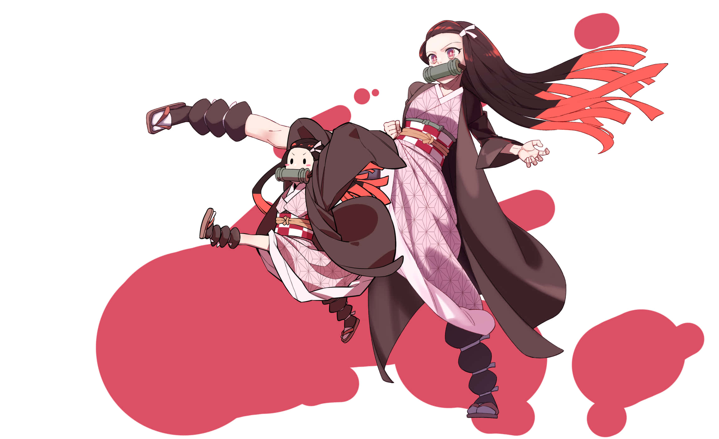 禰豆子 桌布 壁紙 — 兩位身穿傳統服飾的動漫風格惡魔獵人，在鮮紅的抽象背景上動態跳躍。