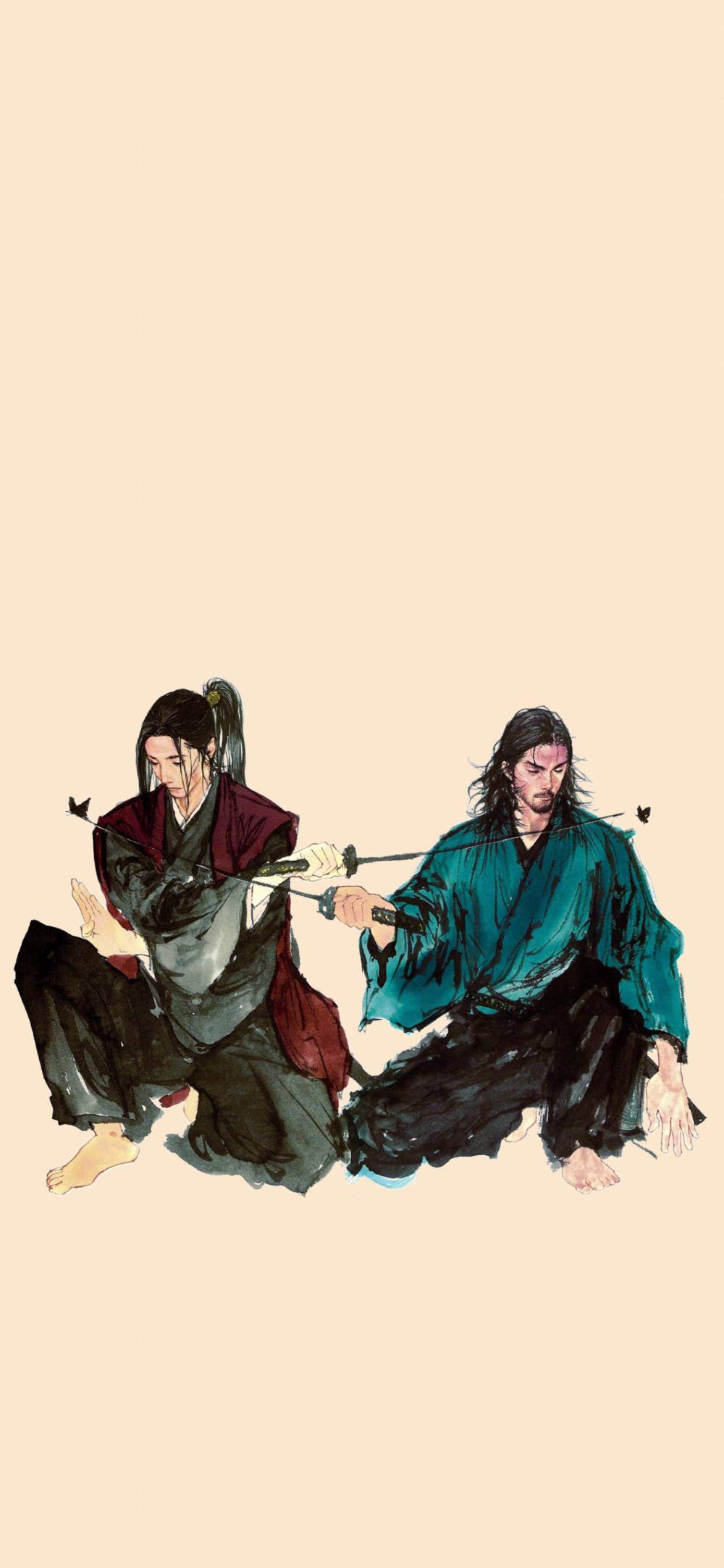武士動畫 桌布 壁紙 — 兩位身穿傳統長袍的武士在純米色背景上進行劍術決鬥，場景動感十足。