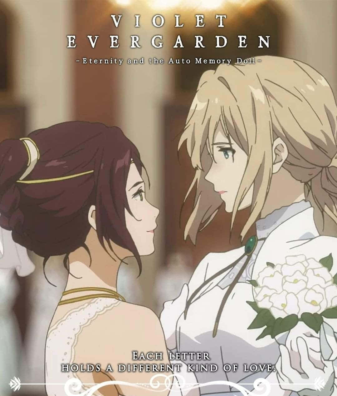 Isabella York 桌布 壁紙 — 兩位身穿優雅白色連衣裙的動漫女孩在溫暖燈光的室內場景中溫柔地凝視著對方。