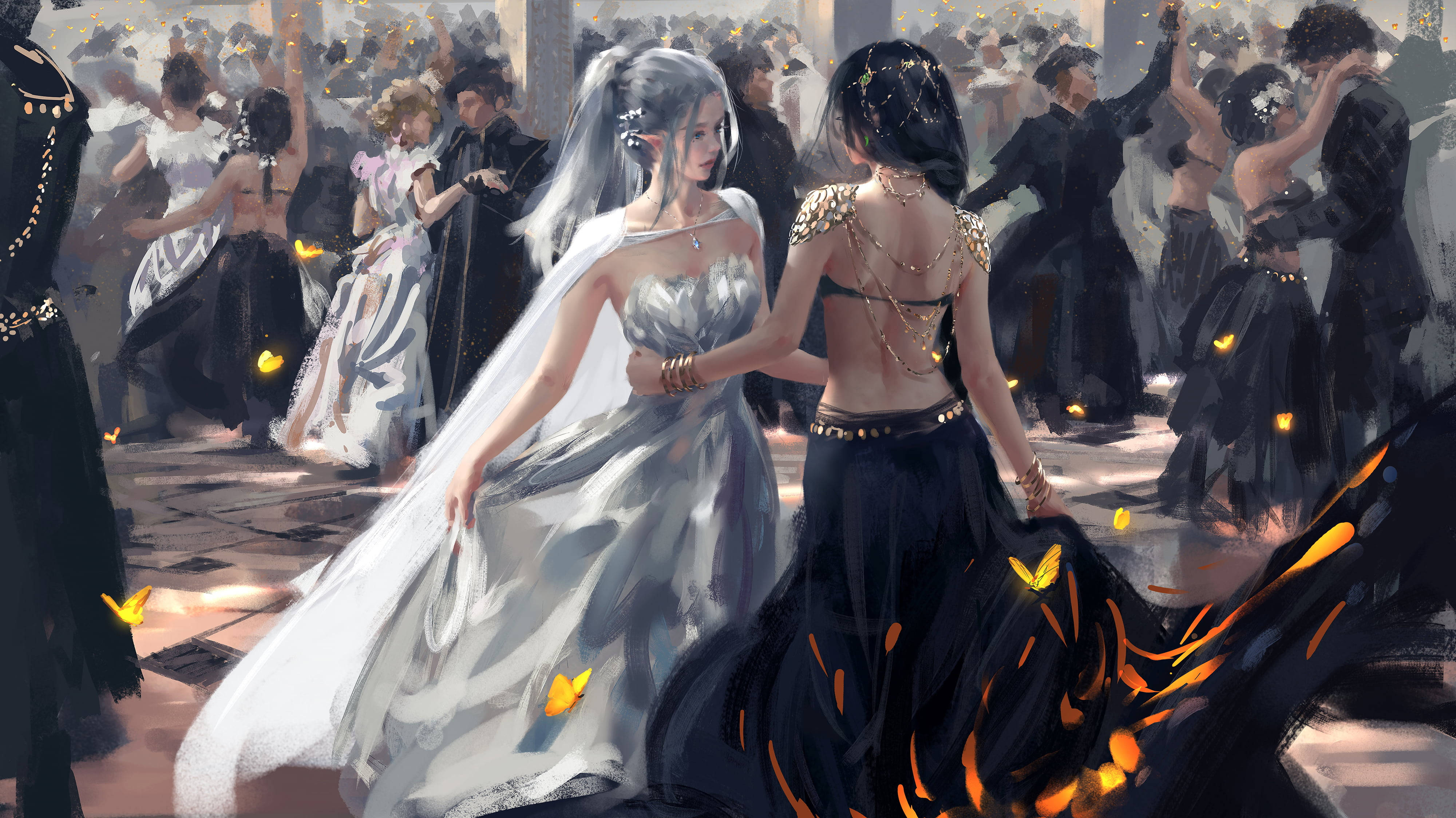 動漫舞蹈 桌布 壁紙 — 兩位身穿優雅禮服的女士在奢華舞會的人群中跳舞，發光的蝴蝶在她們周圍盤旋。