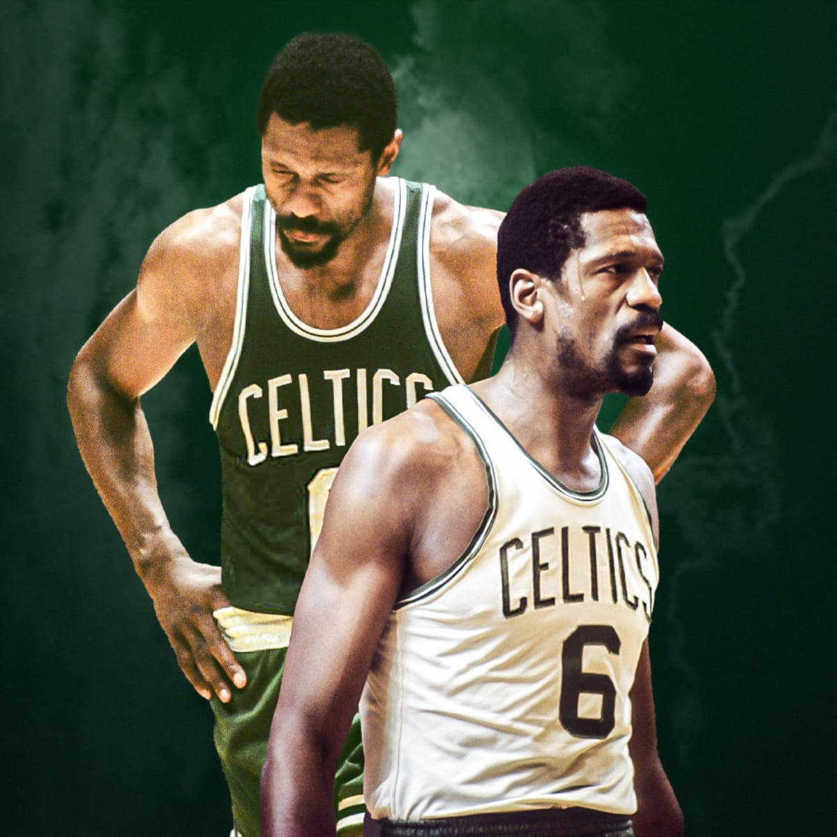 Boston Celtics 桌布 壁紙 — 兩位身穿復古綠白球衣的傳奇波士頓塞爾提克籃球運動員，在深綠色背景下專注地站立。