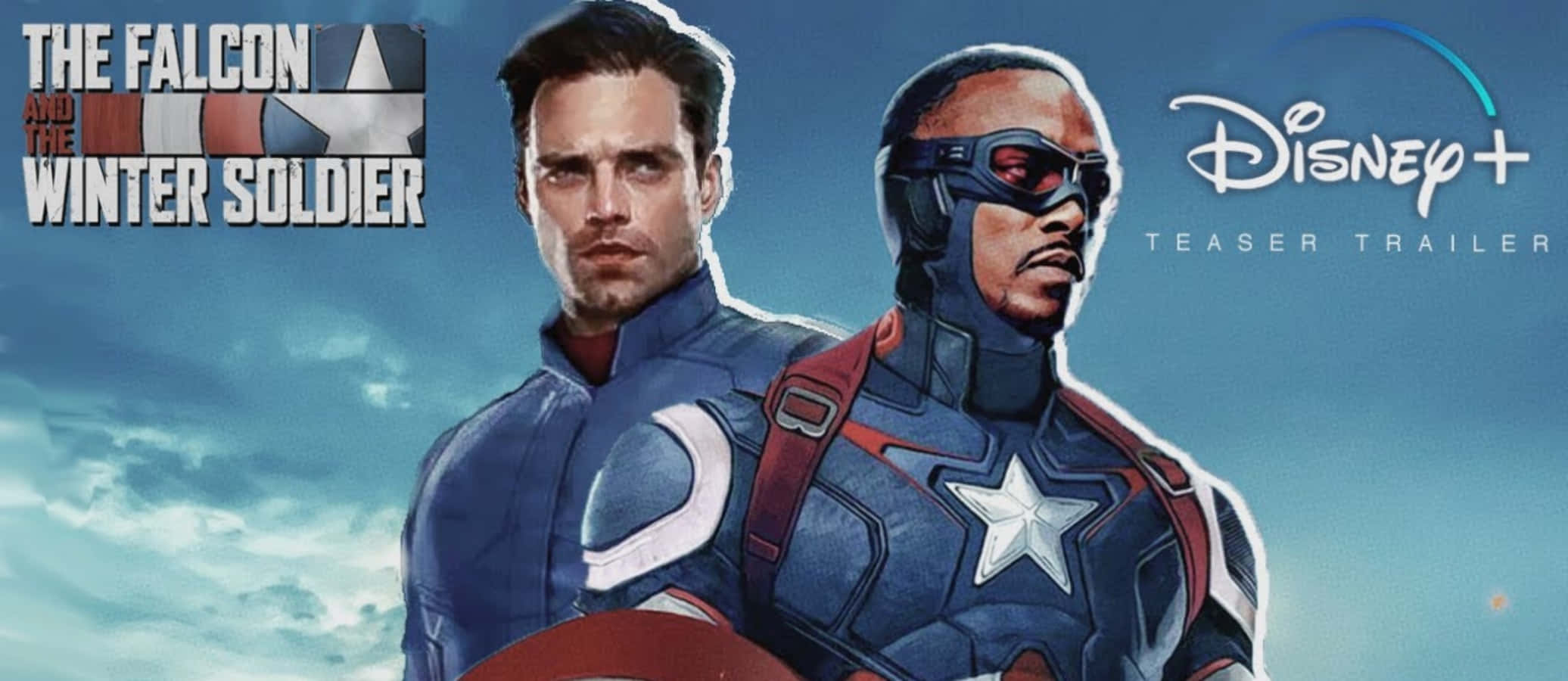 the falcon and the winter soldier 桌布 壁紙 — 兩位身穿愛國服裝的超級英雄並肩站立，背景是陰天，並帶有Disney+預告文字。