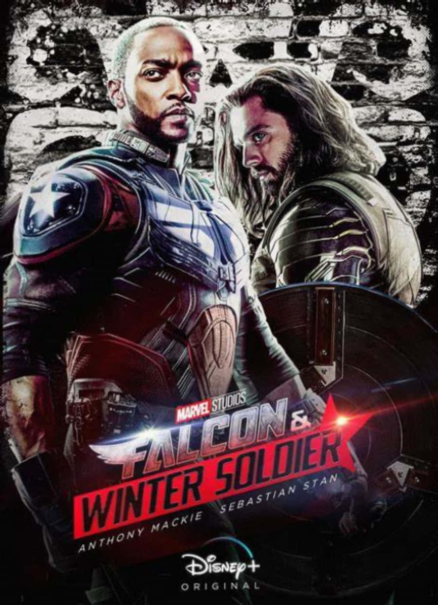 the falcon and the winter soldier 桌布 壁紙 — 兩位身穿戰術裝備的漫威超級英雄，站在粗糙的磚牆前，配以發光的盾牌和粗體標題文字。