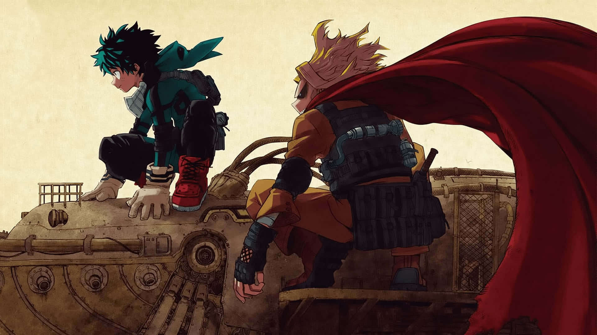My Hero Academia Deku 桌布 壁紙 — 兩位身穿戰鬥裝備的動漫英雄坐在生鏽的坦克上，背景是羊皮紙般的天空。