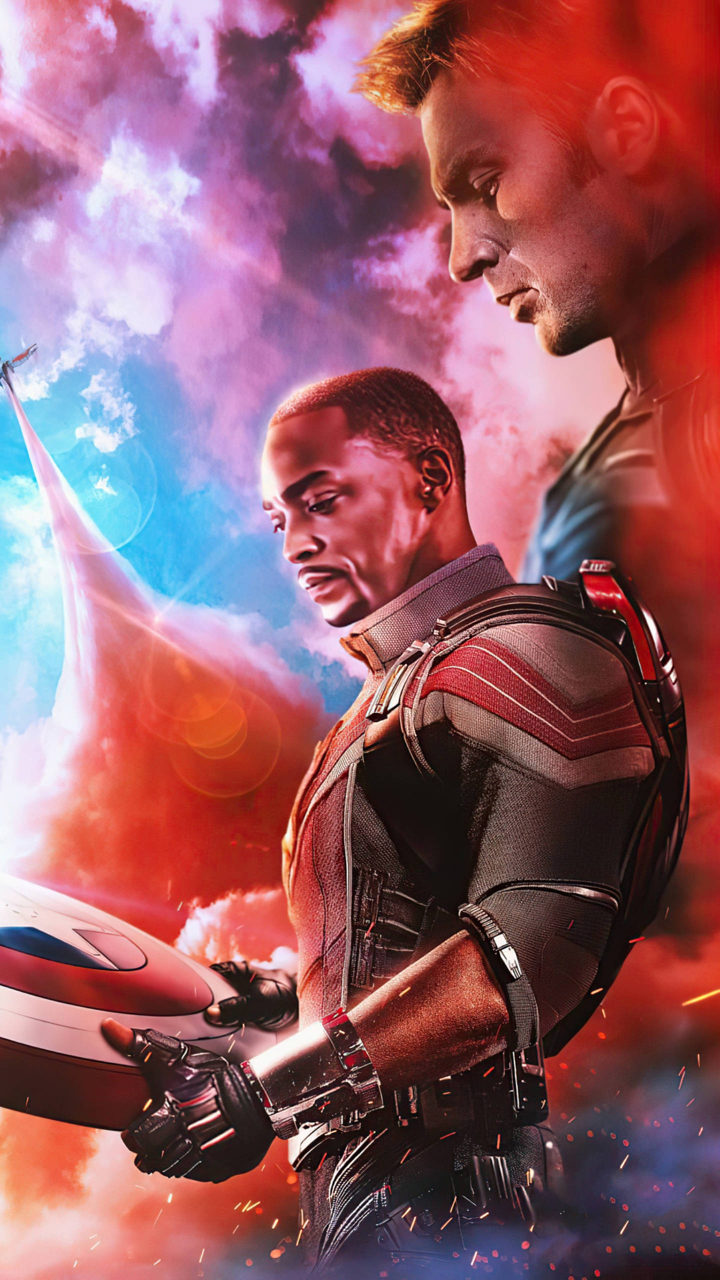 Anthony Mackie 桌布 壁紙 — 兩位身穿未來裝甲的超級英雄站在充滿活力的宇宙天空前，天空中有火熱的雲朵和發光的能量效果。