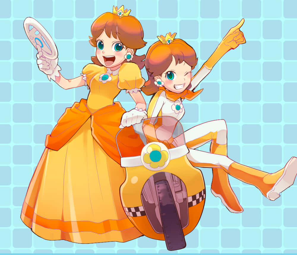 Princess Daisy 桌布 壁紙 — 兩位身穿橙色服裝的開心動畫公主，在淺藍色格子背景上騎著滑板車。