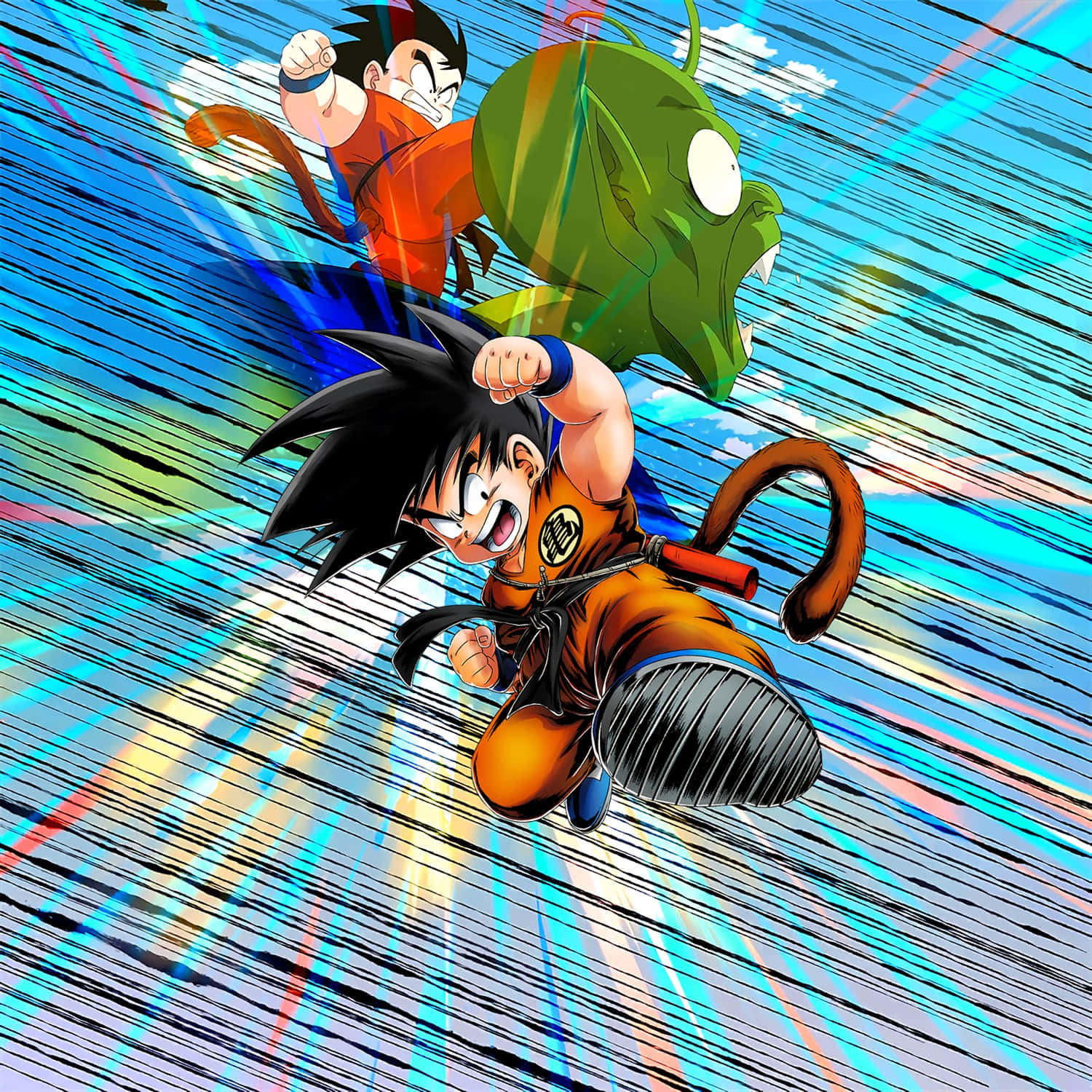 kid goku 桌布 壁紙 — 兩位身穿橙色道服的動漫戰士在天空中翱翔，一條綠龍在劃過的動態線條中追趕他們。
