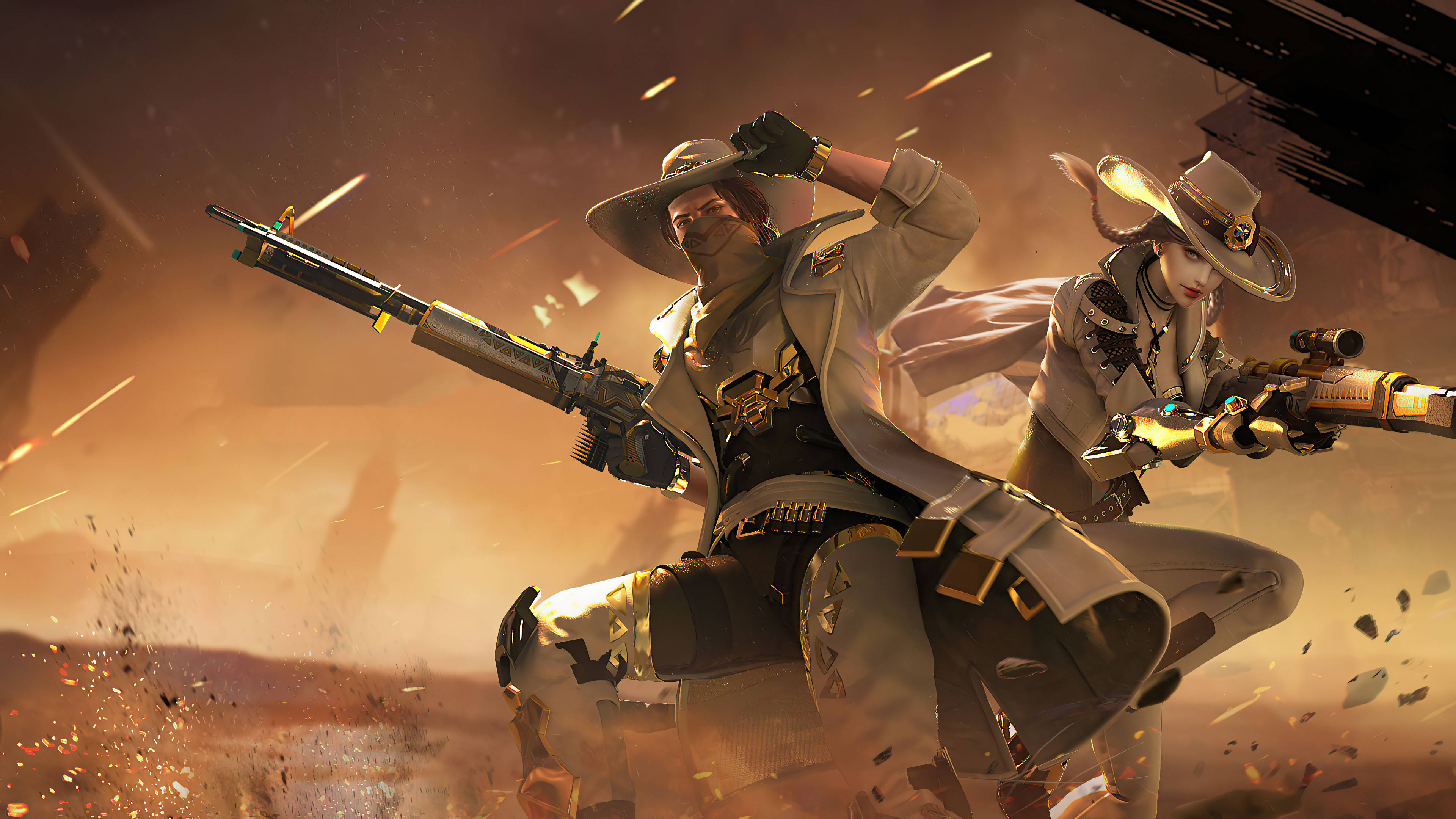 free fire bundle 桌布 壁紙 — 兩位身穿沙漠戰鬥裝備的女牛仔戰士，在熾熱的天空下，於飛揚的碎片和金色塵埃中開火。