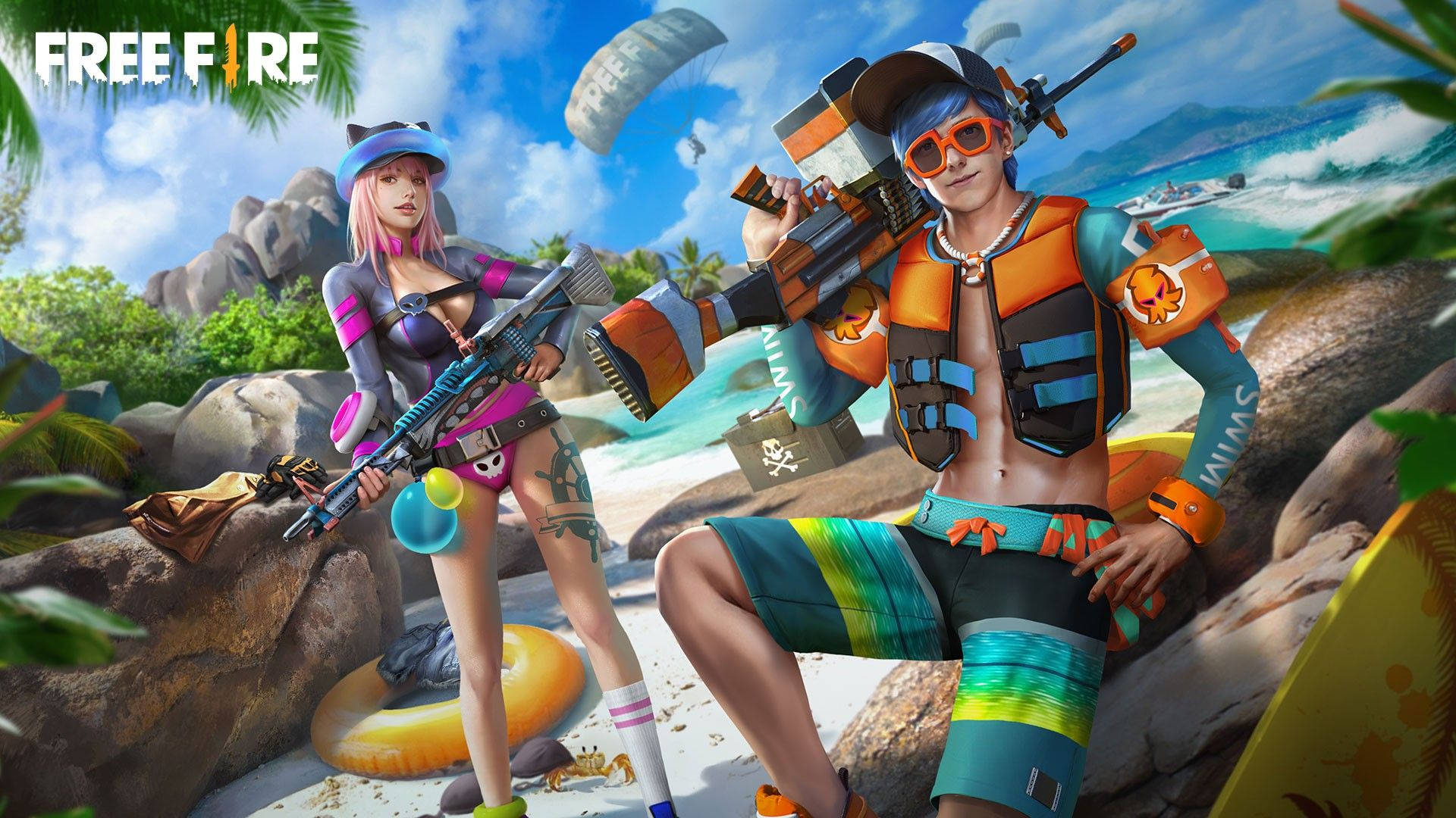 game 桌布 壁紙 — 兩位身穿泳裝和裝備的動漫風格玩家在熱帶海灘上擺姿勢，背景有棕櫚樹和海浪。