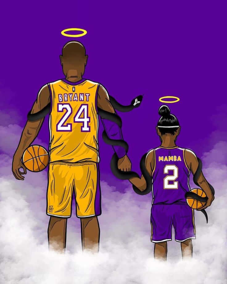 科比· Bryant 桌布 壁紙 — 兩位身穿湖人球衣的籃球運動員背對背站在雲中，帶有光環和一條纏繞手臂的蛇