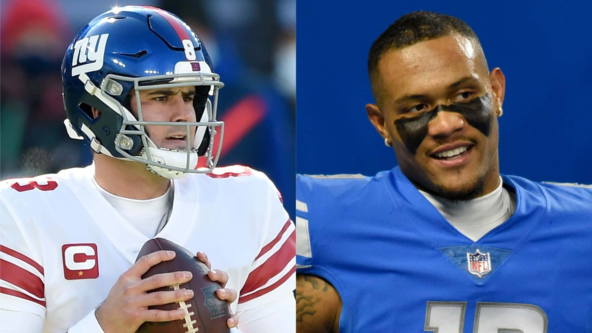 足球 桌布 壁紙 — 兩位身穿球隊制服的NFL四分衛，一個拿著橄欖球，另一個帶著眼黑微笑。