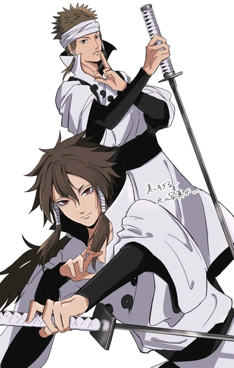 Indra ōtsutsuki 桌布 壁紙 — 兩位身穿白色和黑色服裝的動漫戰士在純白色背景前手持劍動態擺姿勢。