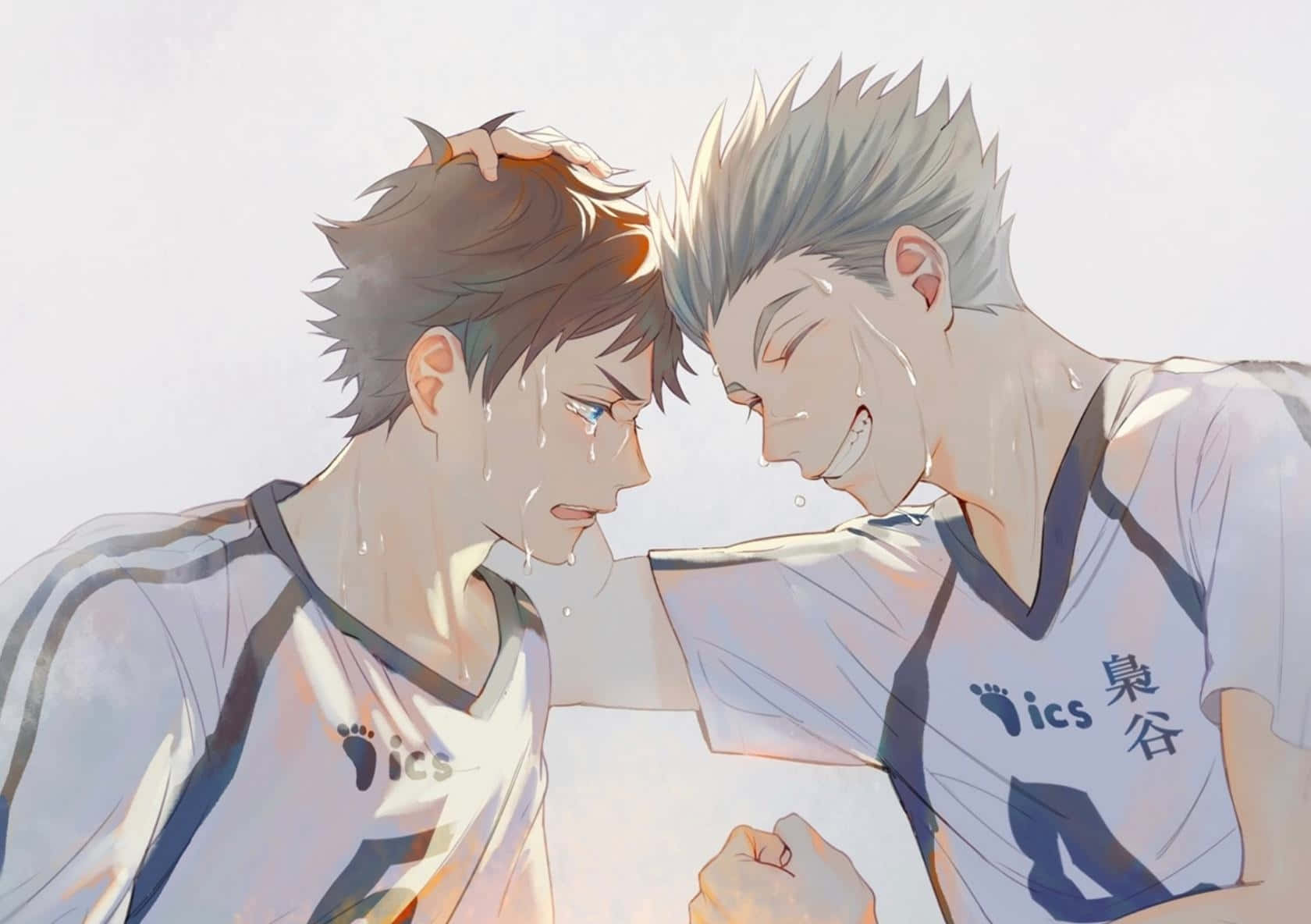 anime crying 桌布 壁紙 — 兩位身穿白色球衣的動漫排球運動員在柔和日光下滿頭大汗、情緒激動地面對面。