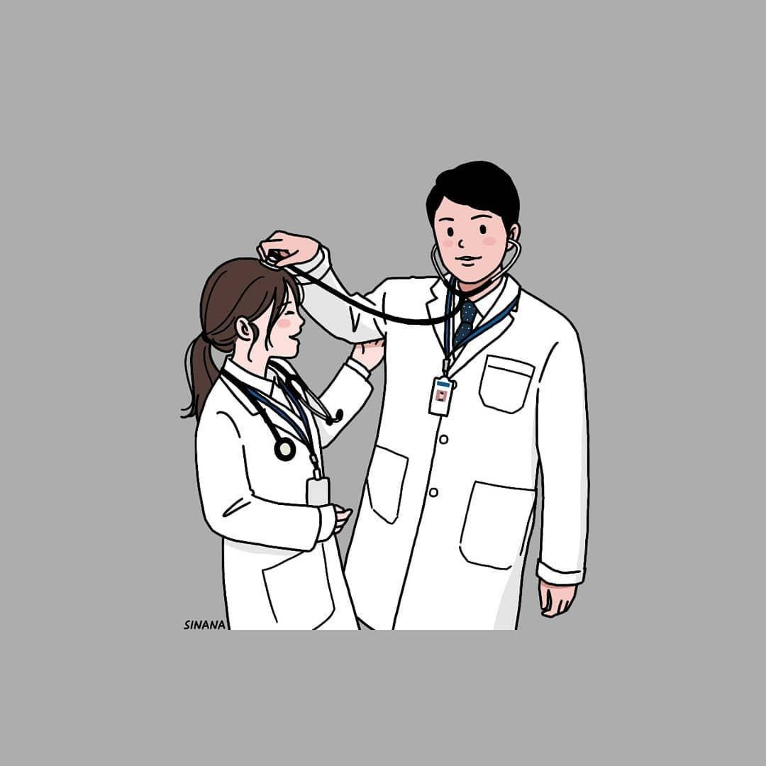 醫生 桌布 壁紙 — 兩位身穿白袍的醫生在簡單插圖場景中共享聽診器，背景為柔和灰色。